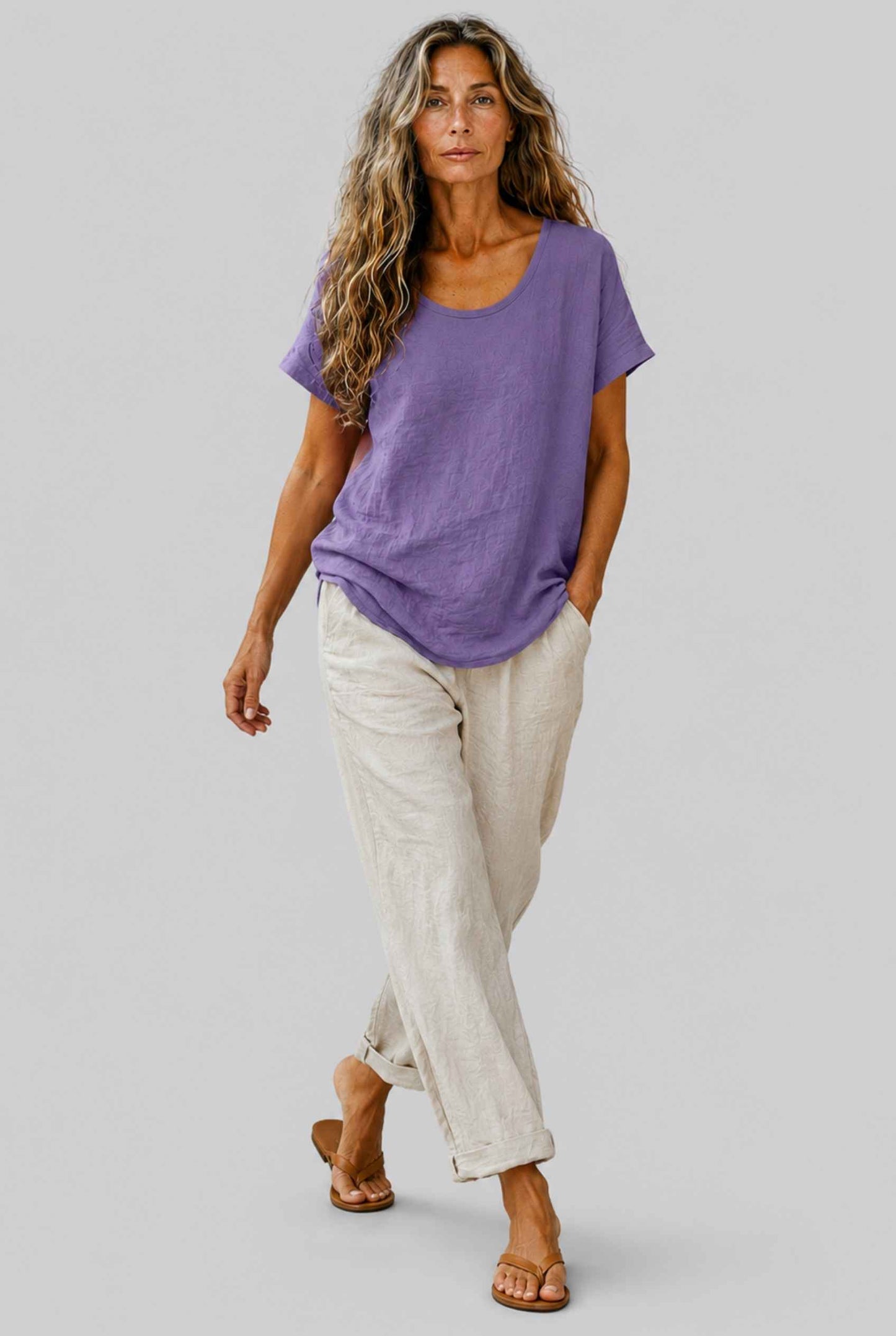Virtual Model Wearing The Kira Cotton-Linen Top Relaxed Scoop Neck Short Sleeve Purple Top