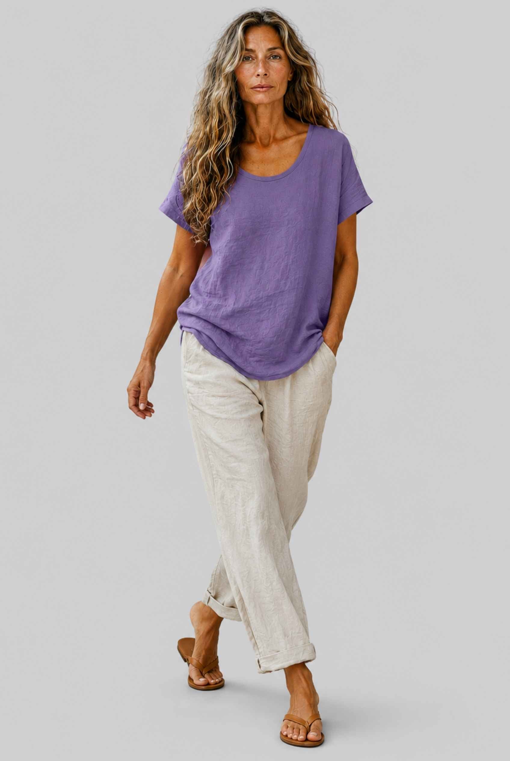 Virtual Model Wearing The Kira Cotton-Linen Top Relaxed Scoop Neck Short Sleeve Purple Top
