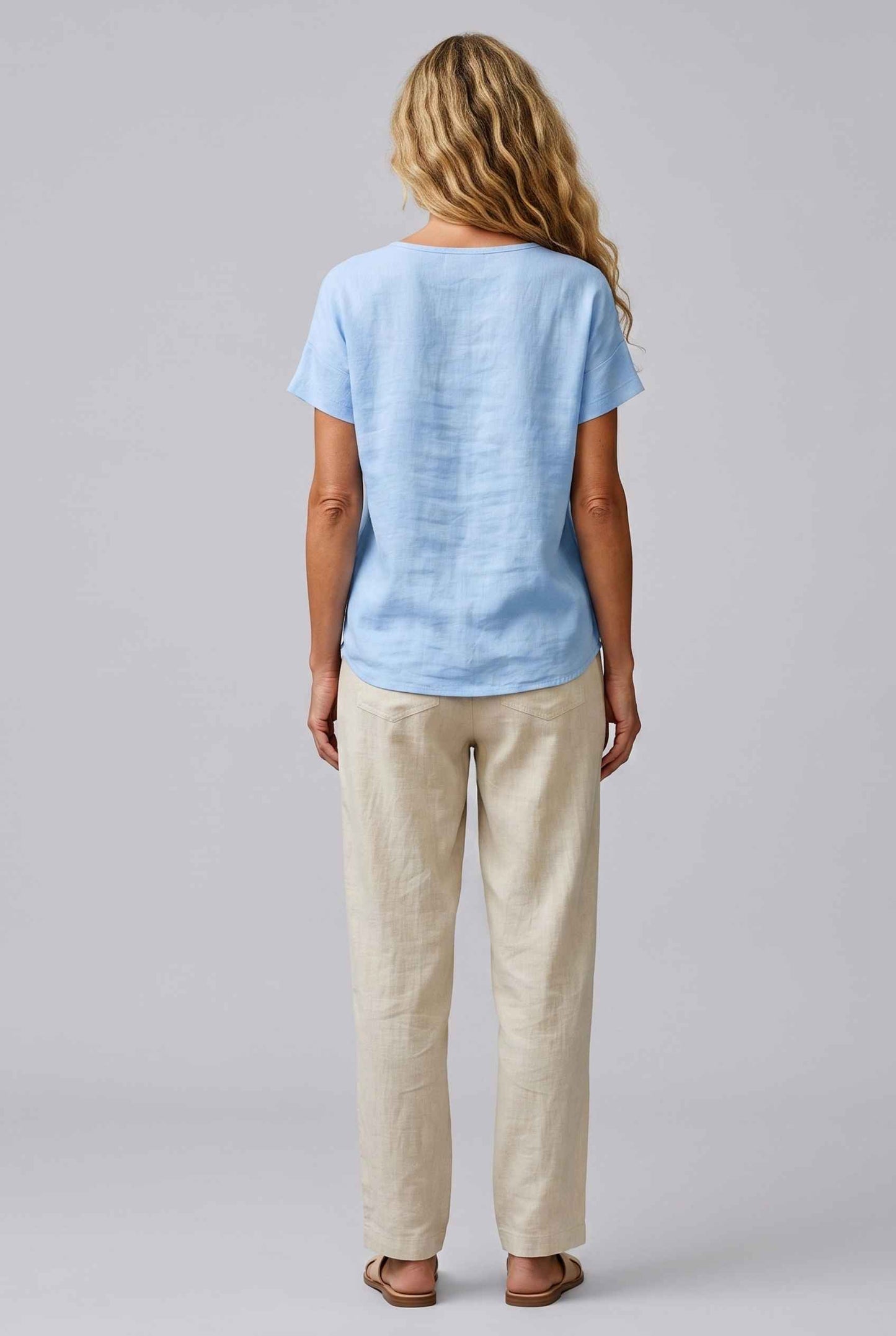Virtual Model Wearing The Kira Cotton-Linen Top Relaxed Scoop Neck Short Sleeve Sky Blue Top