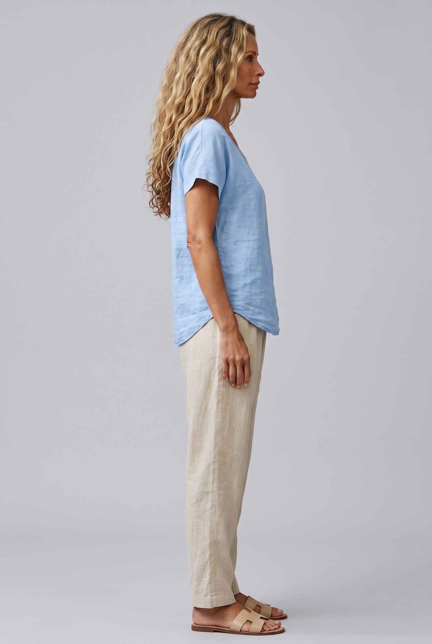 Virtual Model Wearing The Kira Cotton-Linen Top Relaxed Scoop Neck Short Sleeve Sky Blue Top
