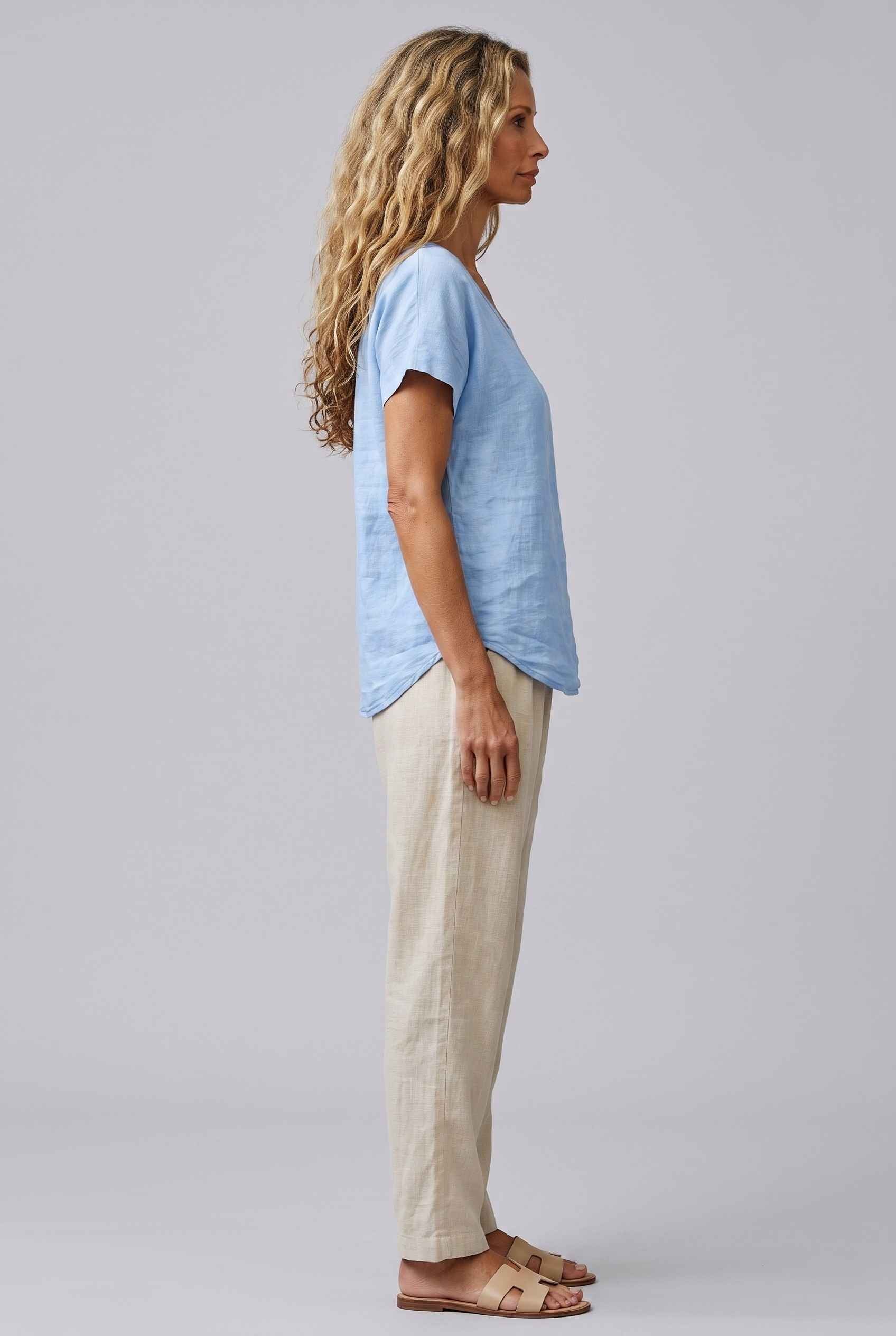 Virtual Model Wearing The Kira Cotton-Linen Top Relaxed Scoop Neck Short Sleeve Sky Blue Top