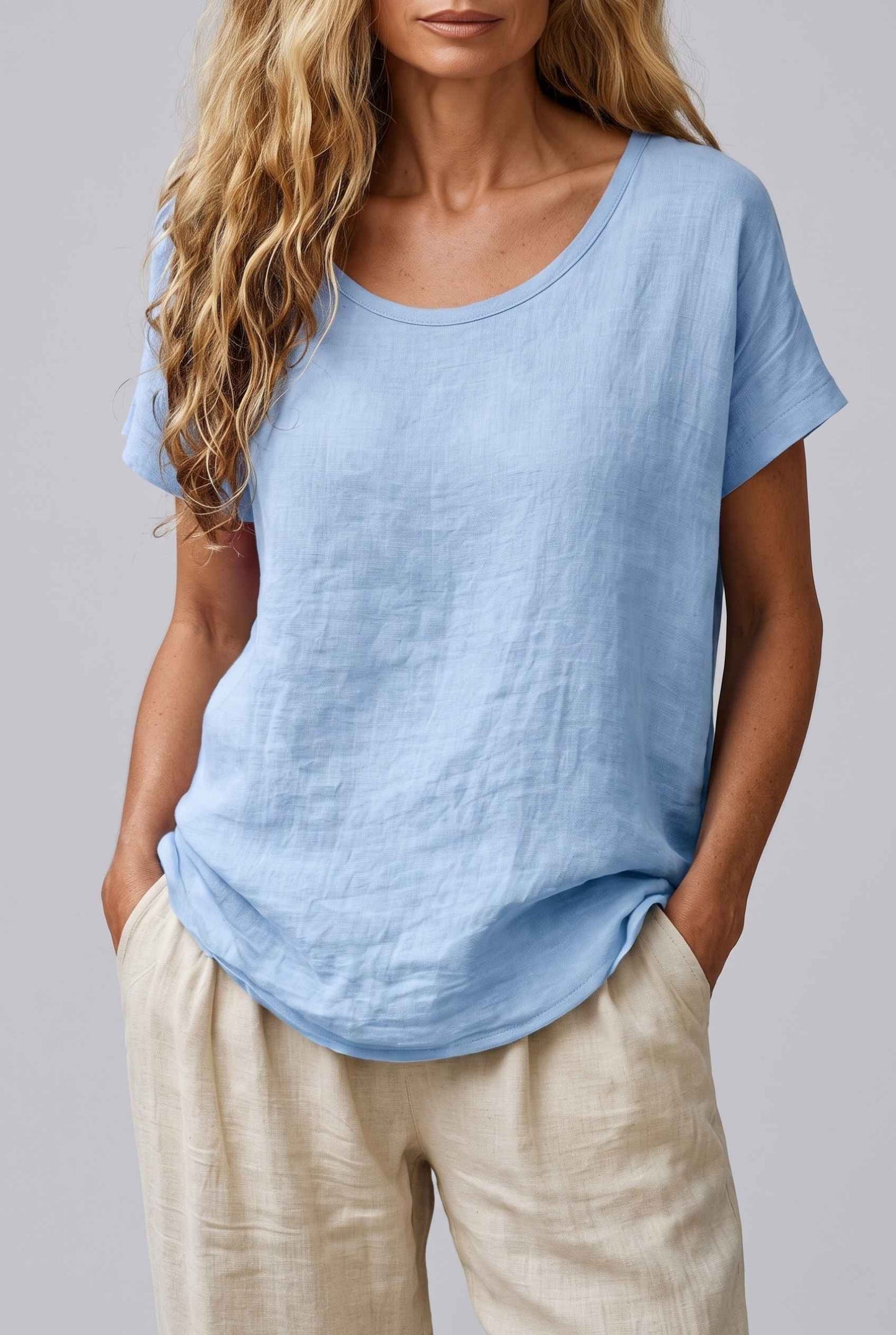 Virtual Model Wearing The Kira Cotton-Linen Top Relaxed Scoop Neck Short Sleeve Sky Blue Top