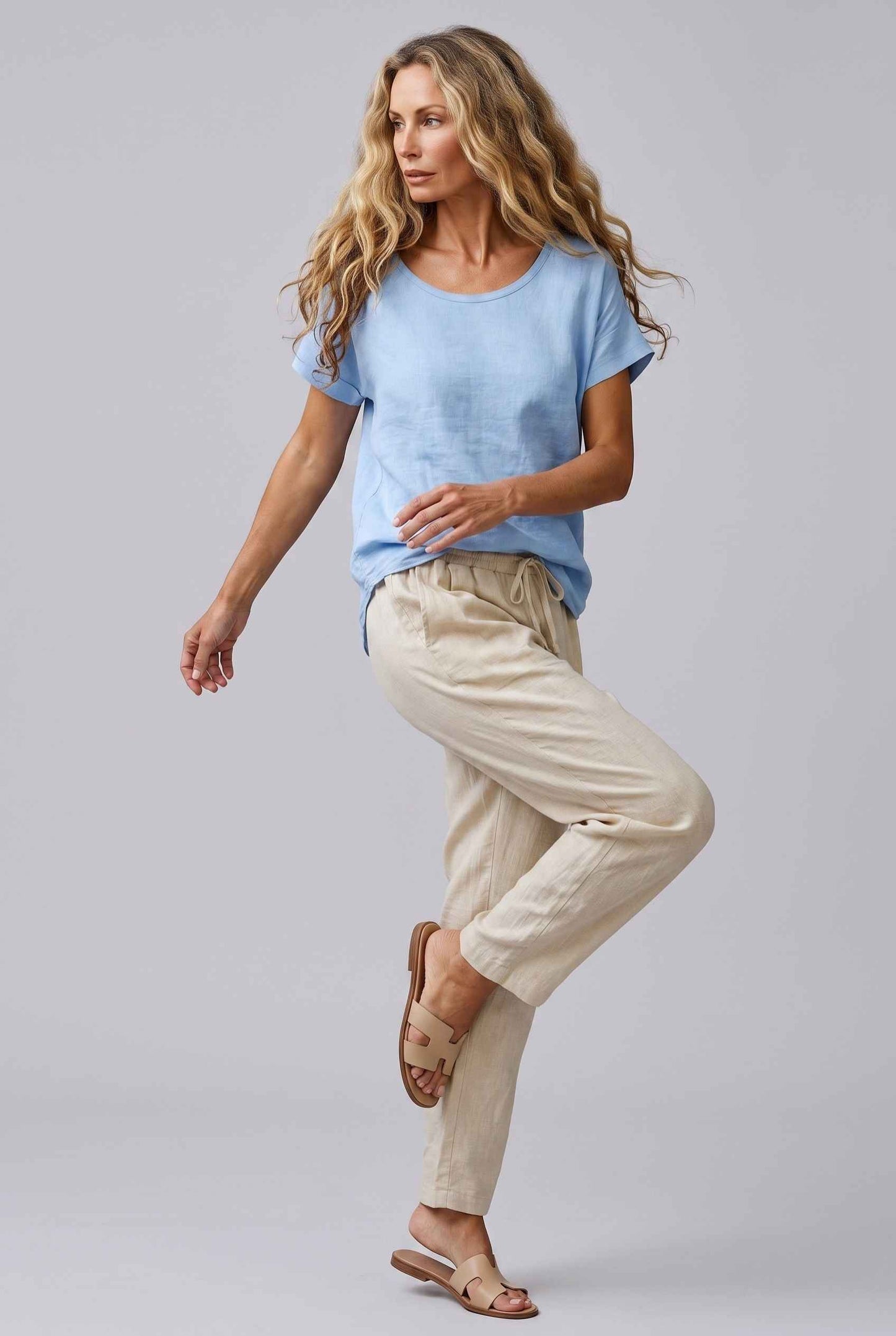 Virtual Model Wearing The Kira Cotton-Linen Top Relaxed Scoop Neck Short Sleeve Sky Blue Top