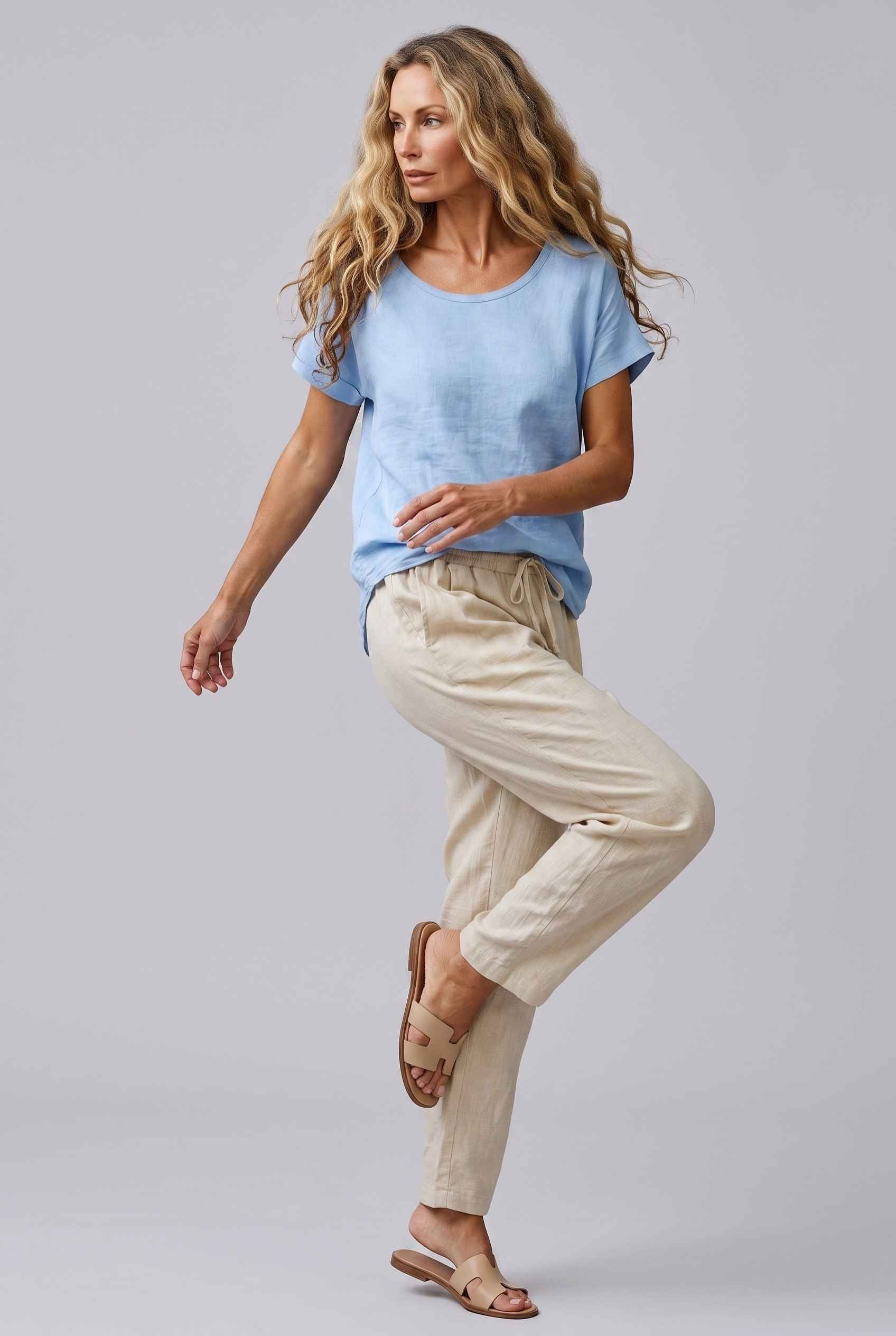 Virtual Model Wearing The Kira Cotton-Linen Top Relaxed Scoop Neck Short Sleeve Sky Blue Top