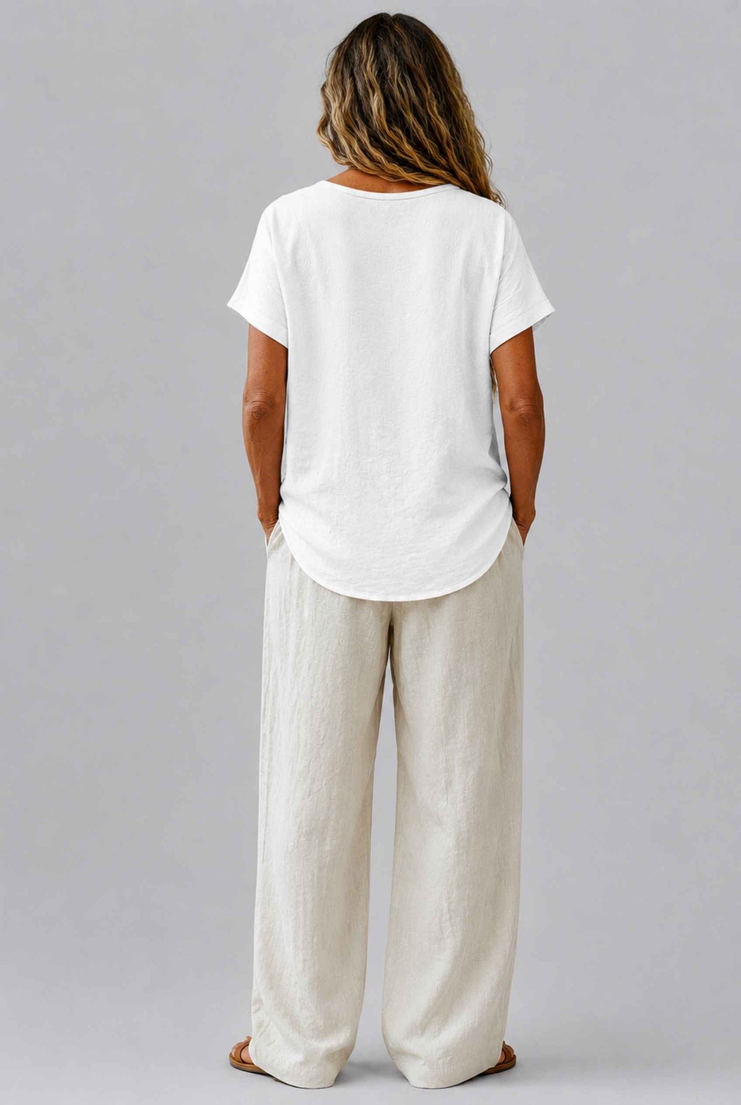 Virtual Model Wearing The Kira Cotton-Linen Top Relaxed Scoop Neck Short Sleeve White Top