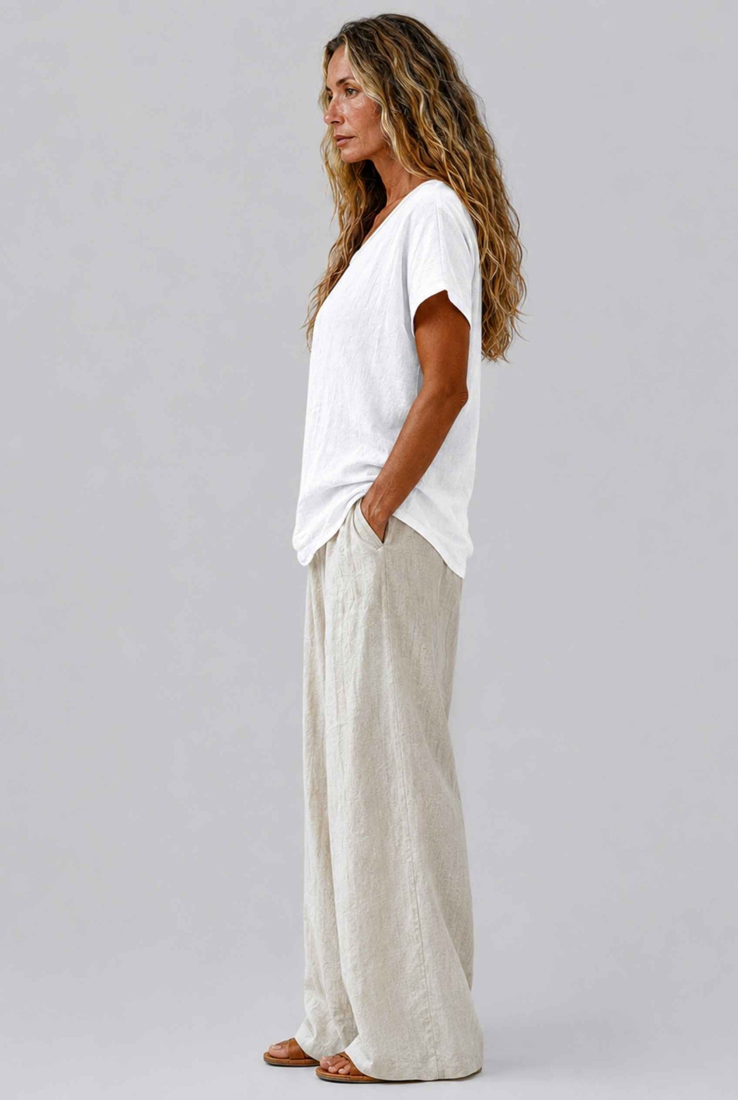 Virtual Model Wearing The Kira Cotton-Linen Top Relaxed Scoop Neck Short Sleeve White Top