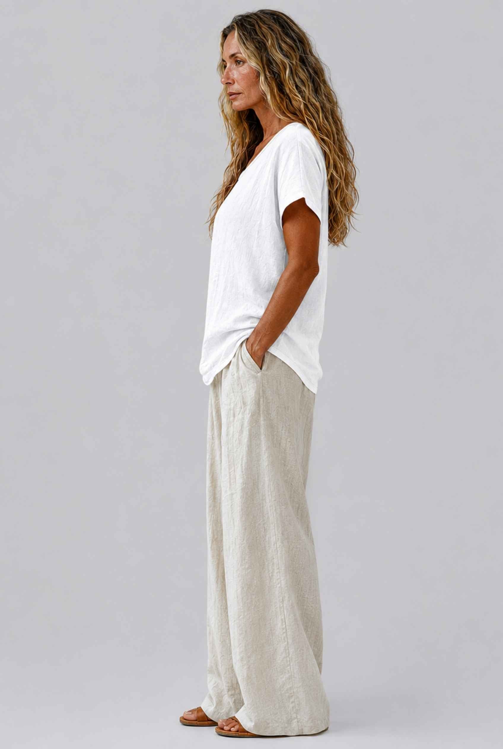 Virtual Model Wearing The Kira Cotton-Linen Top Relaxed Scoop Neck Short Sleeve White Top