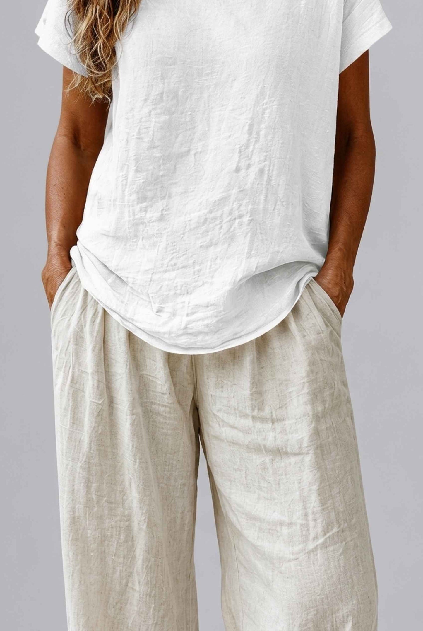Virtual Model Wearing The Kira Cotton-Linen Top Relaxed Scoop Neck Short Sleeve White Top