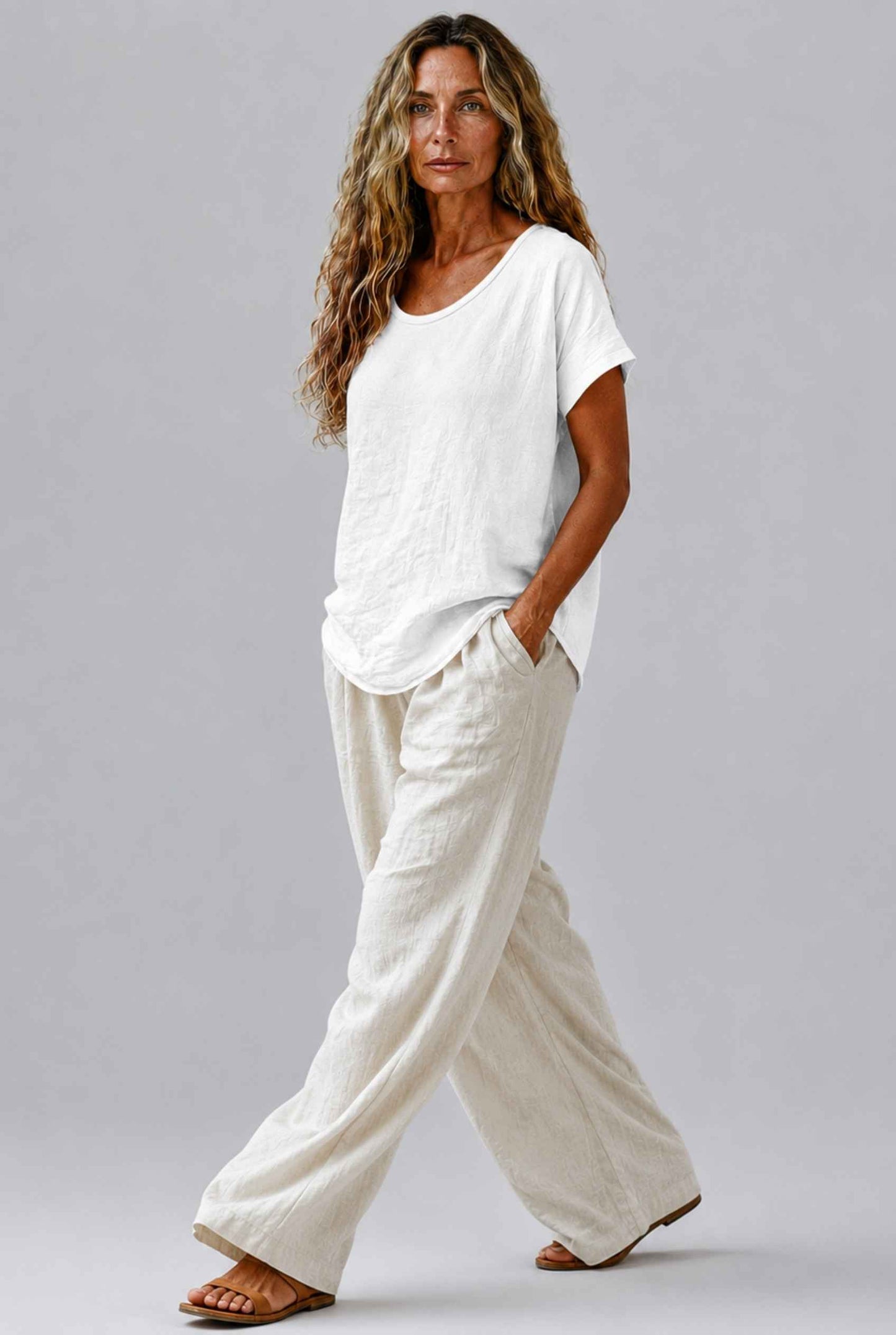 Virtual Model Wearing The Kira Cotton-Linen Top Relaxed Scoop Neck Short Sleeve White Top