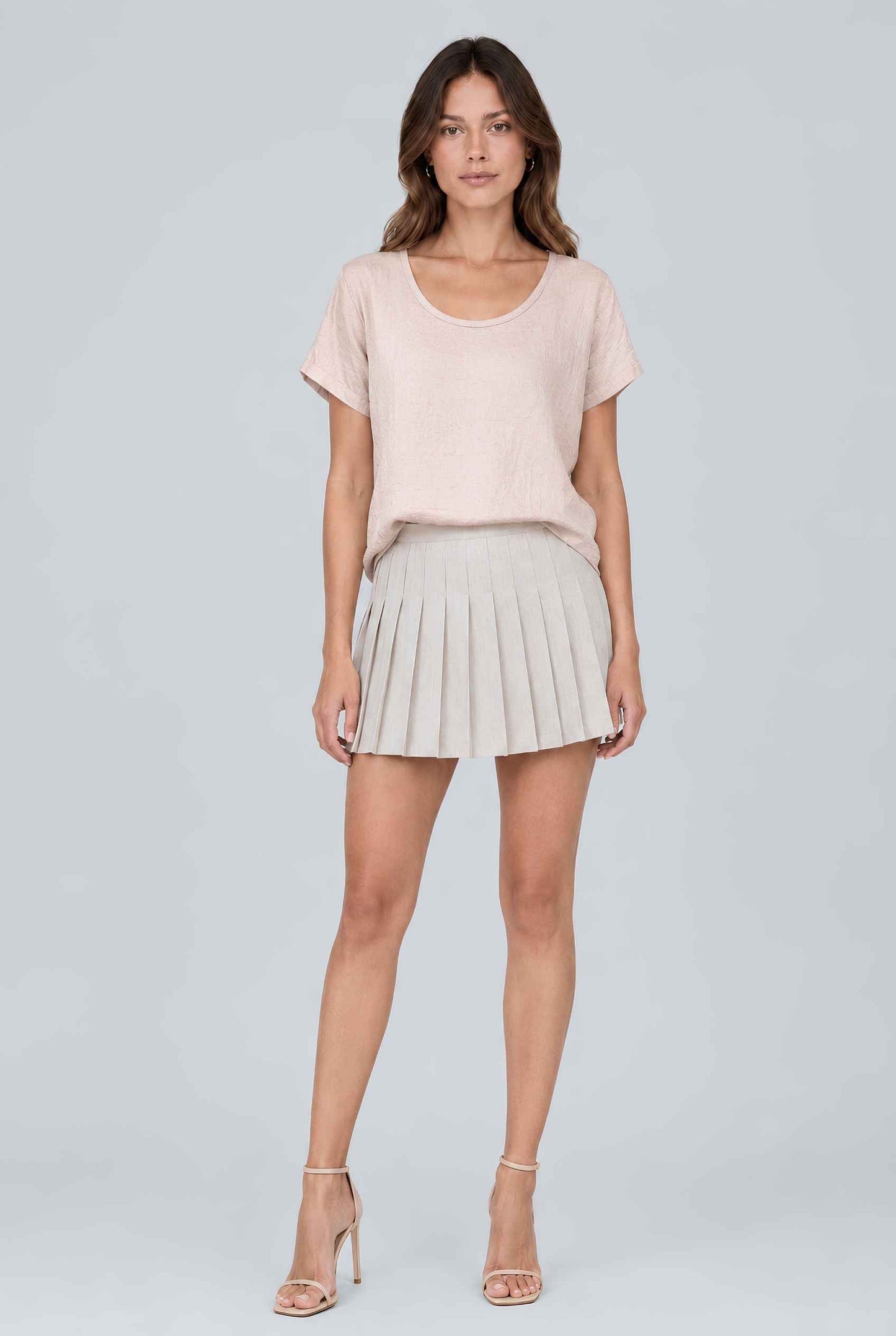 Virtual model wearing The Kira Cotton Linen Top Relaxed Round Neck Short Sleeve Top in Beige
