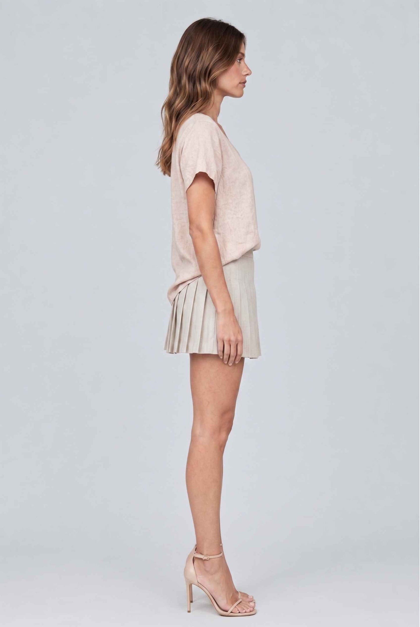 Virtual model wearing The Kira Cotton Linen Top Relaxed Round Neck Short Sleeve Top in Beige