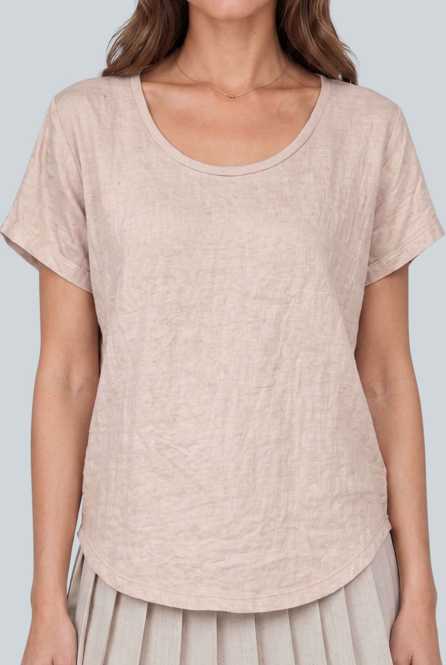 Virtual model wearing The Kira Cotton Linen Top Relaxed Round Neck Short Sleeve Top in Beige