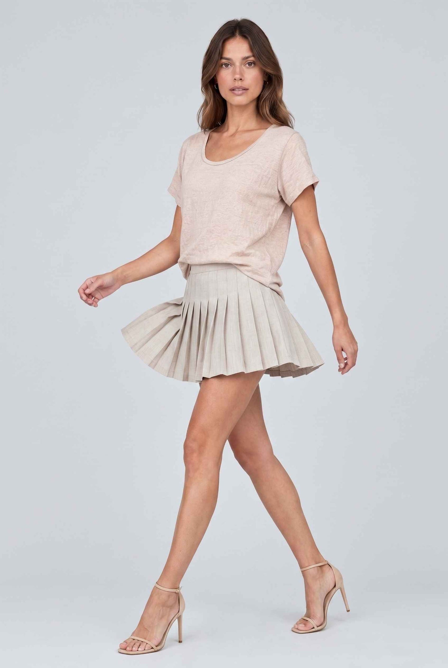 Virtual model wearing The Kira Cotton Linen Top Relaxed Round Neck Short Sleeve Top in Beige