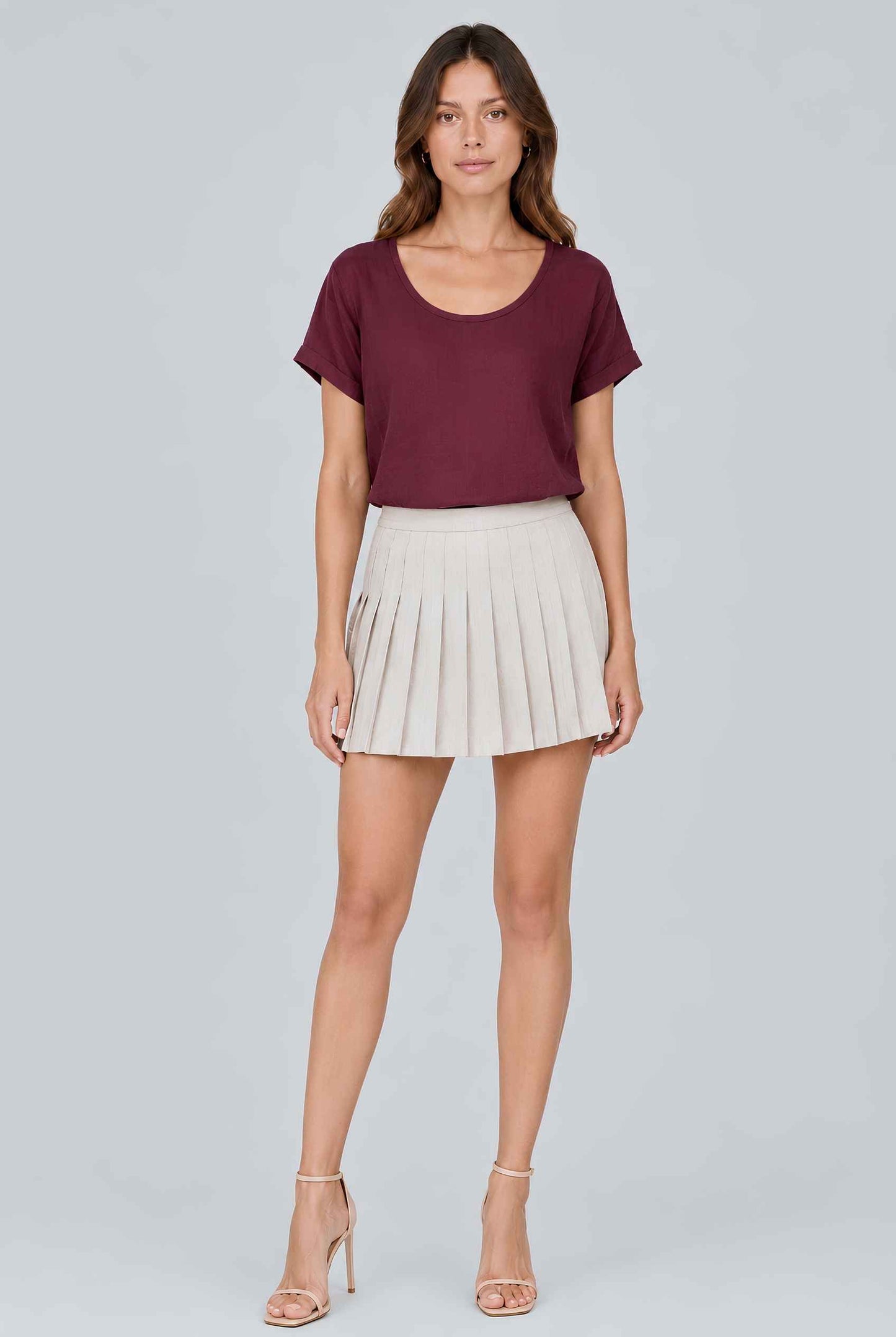 Virtual model wearing The Kira Cotton Linen Top Relaxed Round Neck Short Sleeve Top in Burgundy