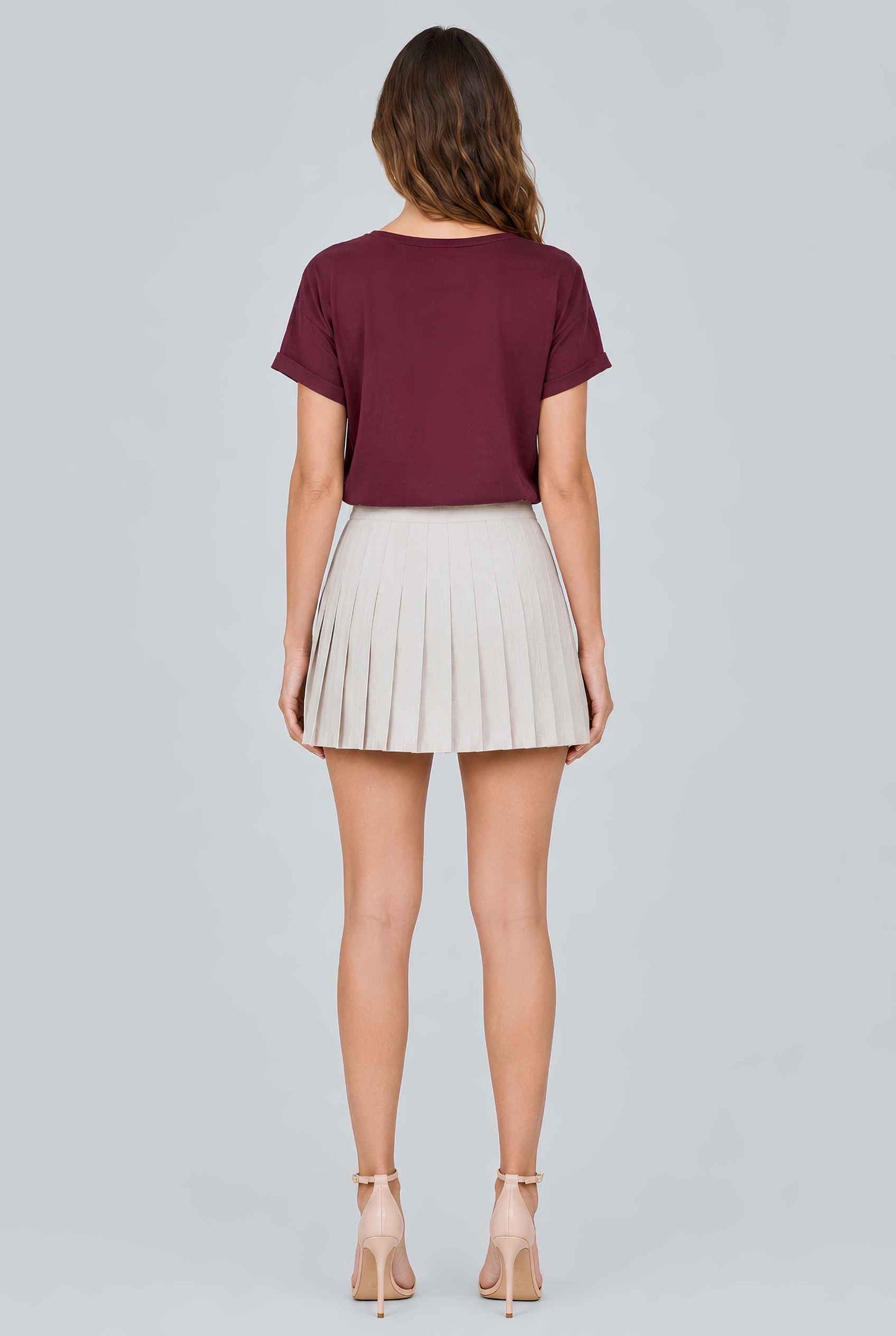 Virtual model wearing The Kira Cotton Linen Top Relaxed Round Neck Short Sleeve Top in Burgundy