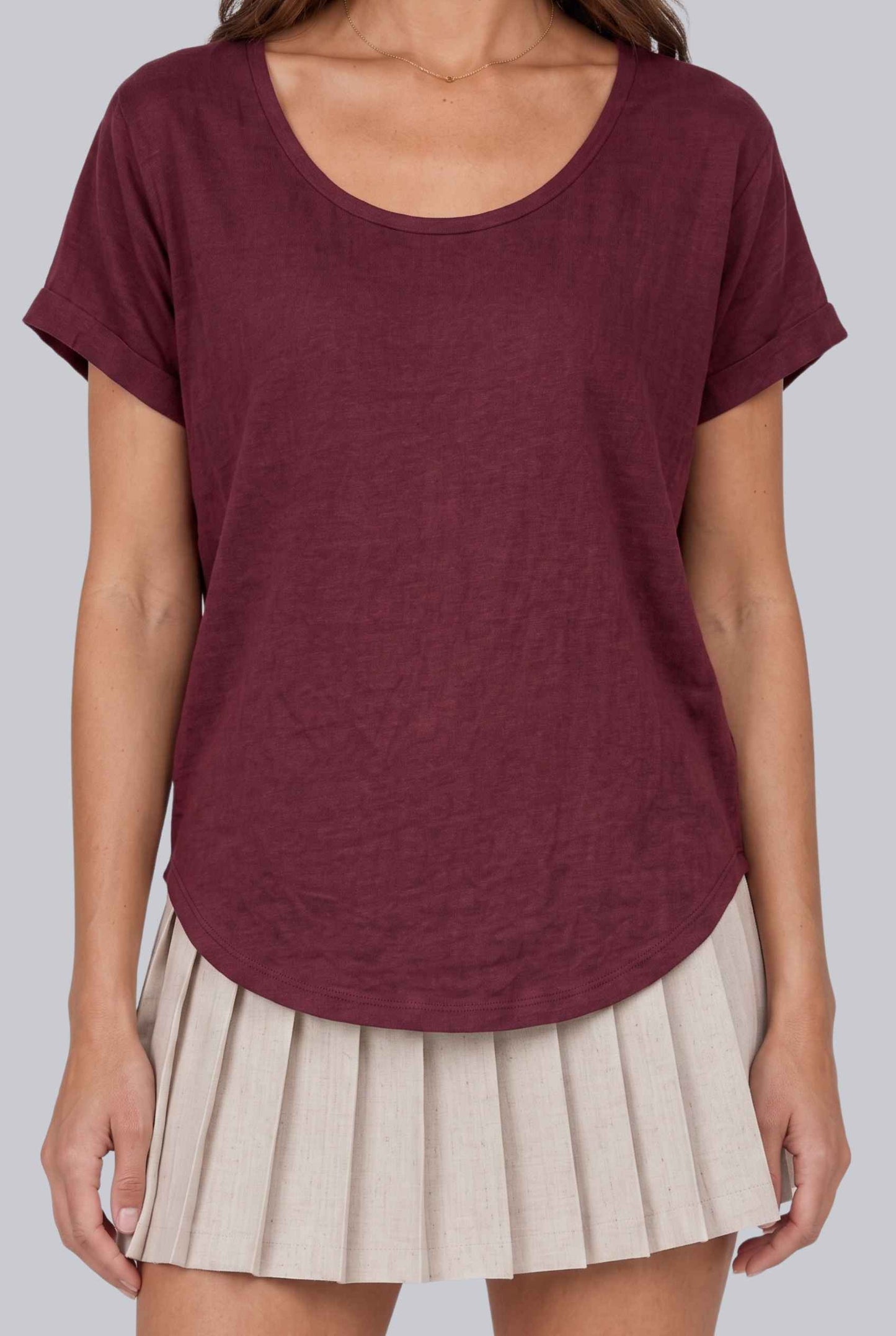 Virtual model wearing The Kira Cotton Linen Top Relaxed Round Neck Short Sleeve Top in Burgundy