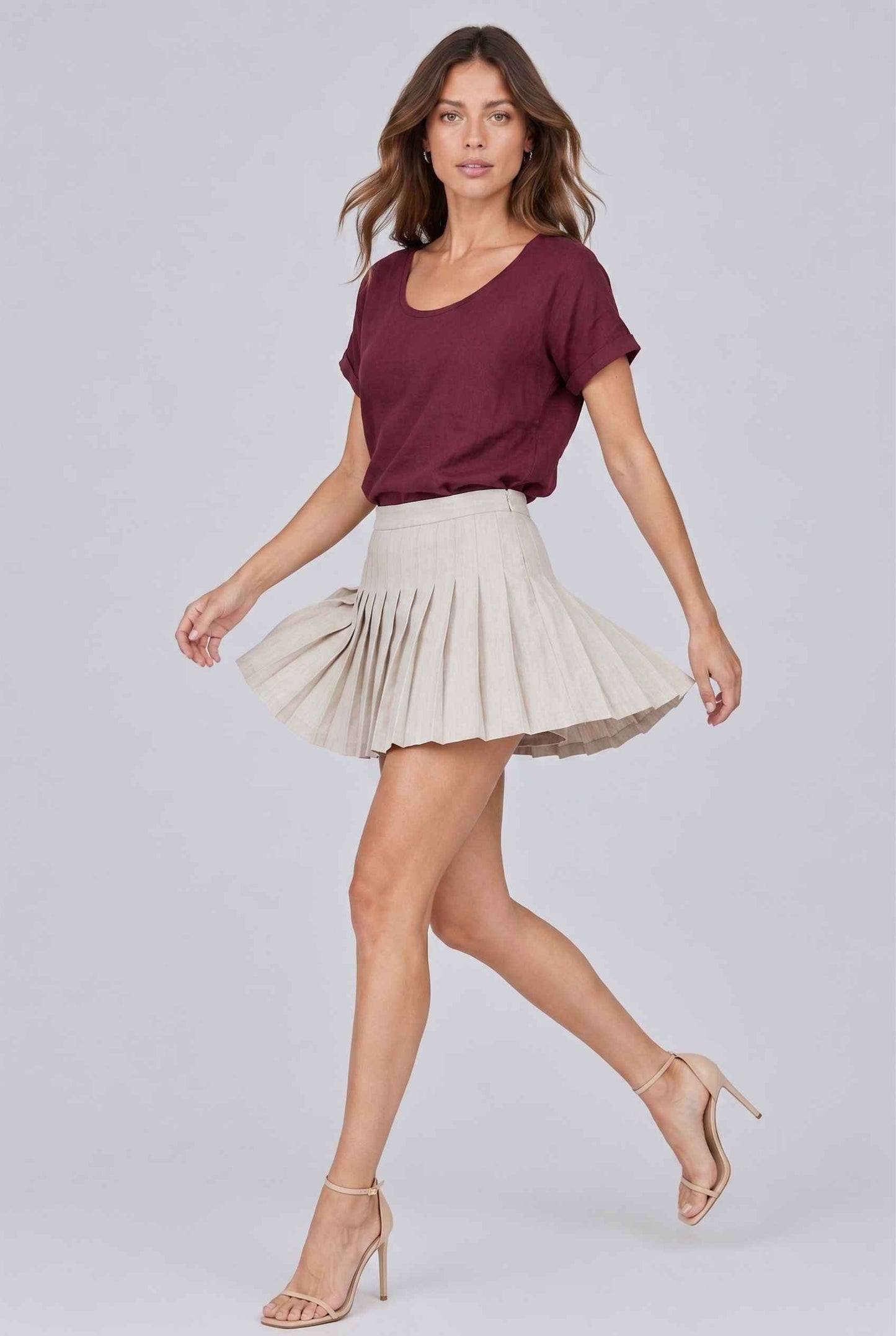Virtual model wearing The Kira Cotton Linen Top Relaxed Round Neck Short Sleeve Top in Burgundy