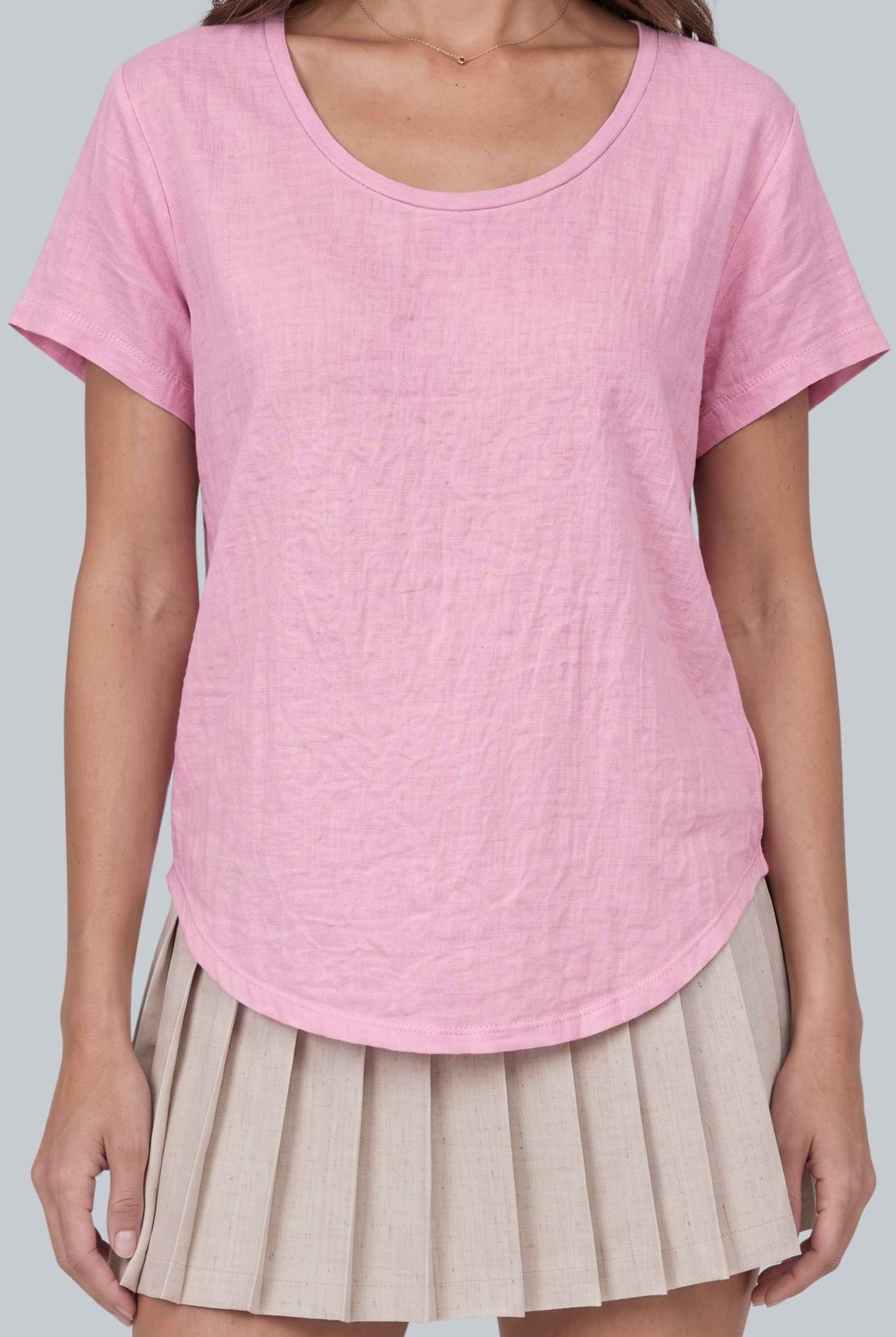 Virtual model wearing The Kira Cotton Linen Top Relaxed Round Neck Short Sleeve Top in Pink