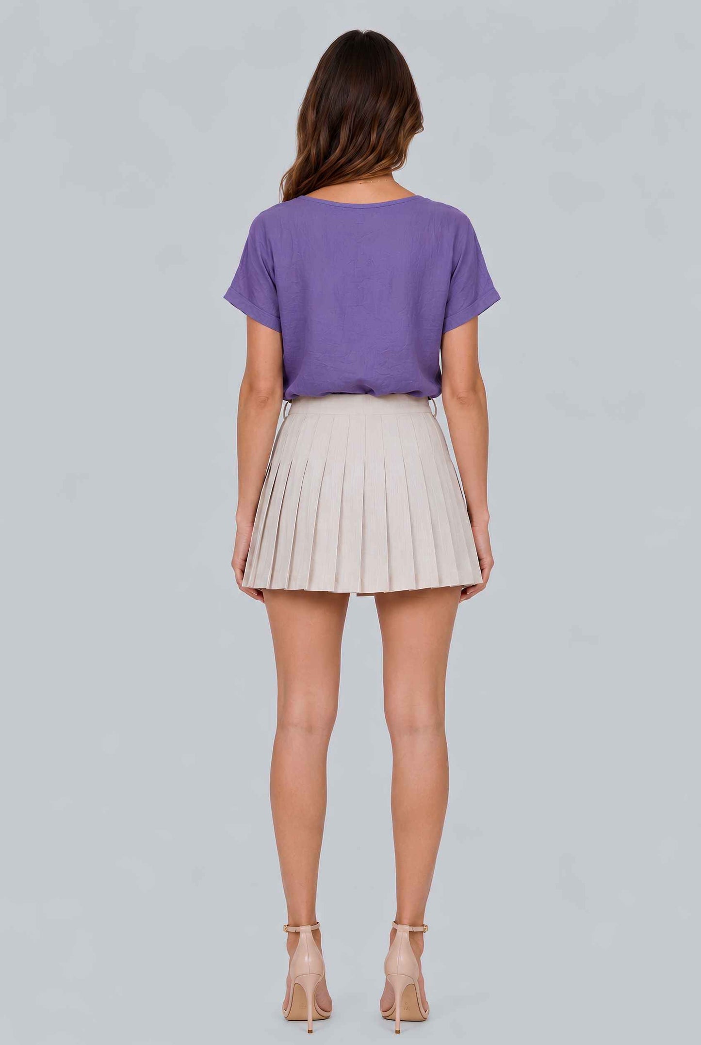 Virtual model wearing The Kira Cotton Linen Top Relaxed Round Neck Short Sleeve Top in Purple