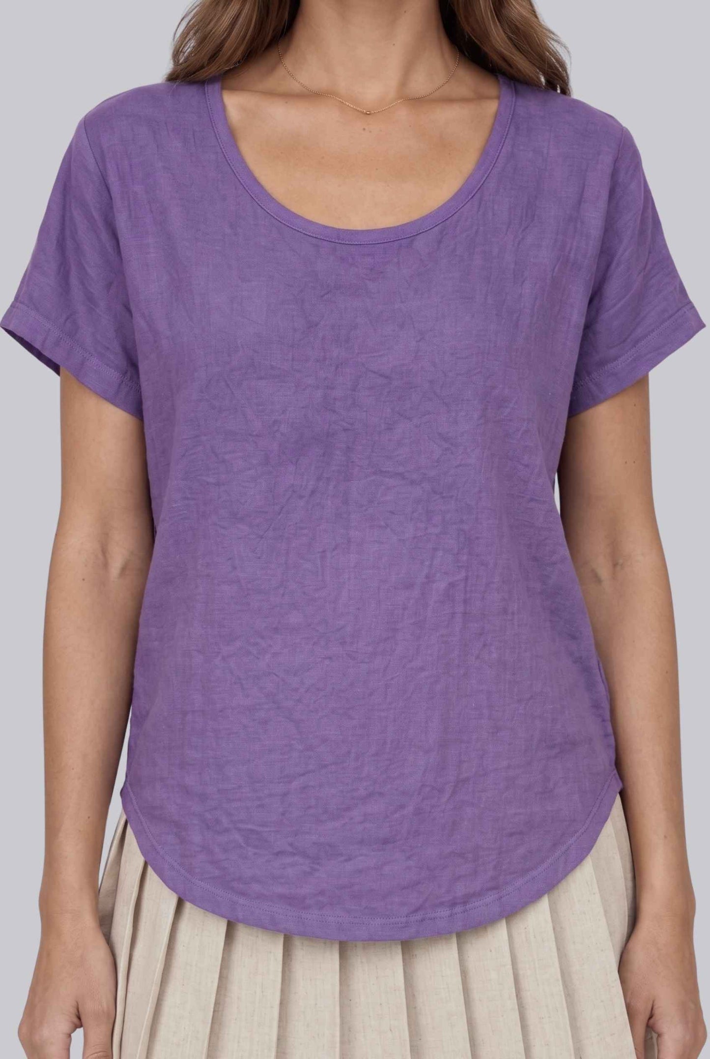 Virtual model wearing The Kira Cotton Linen Top Relaxed Round Neck Short Sleeve Top in Purple