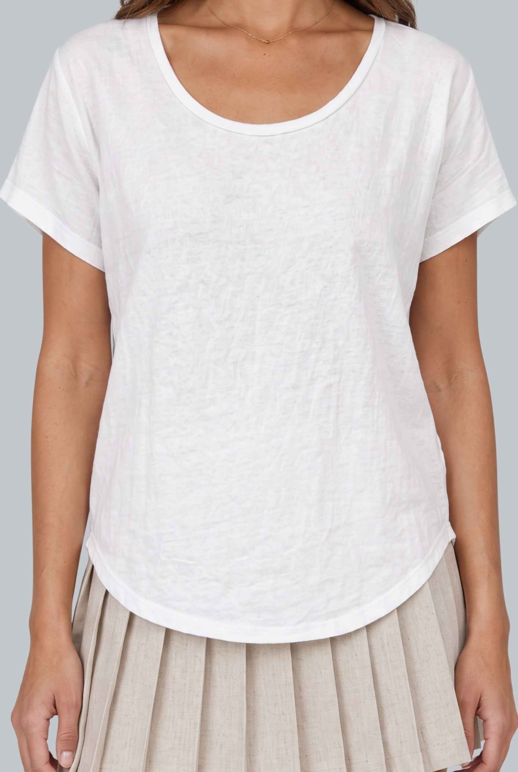 Virtual model wearing The Kira Cotton Linen Top Relaxed Round Neck Short Sleeve Top in White