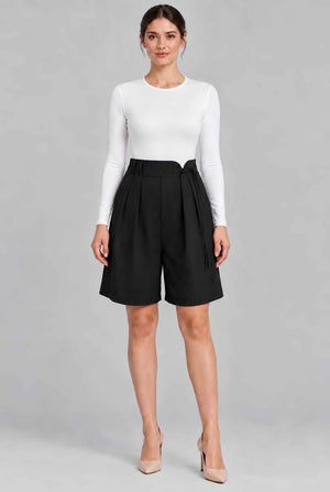 Virtual model wearing The Kyoto Pleated Short Pleated High Waisted Asymmetrical Short Black