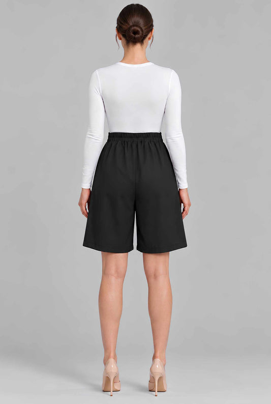 Virtual model wearing The Kyoto Pleated Short Pleated High Waisted Asymmetrical Short Black