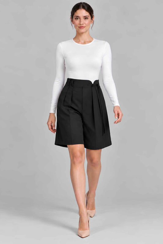 Virtual model wearing The Kyoto Pleated Short Pleated High Waisted Asymmetrical Short Black