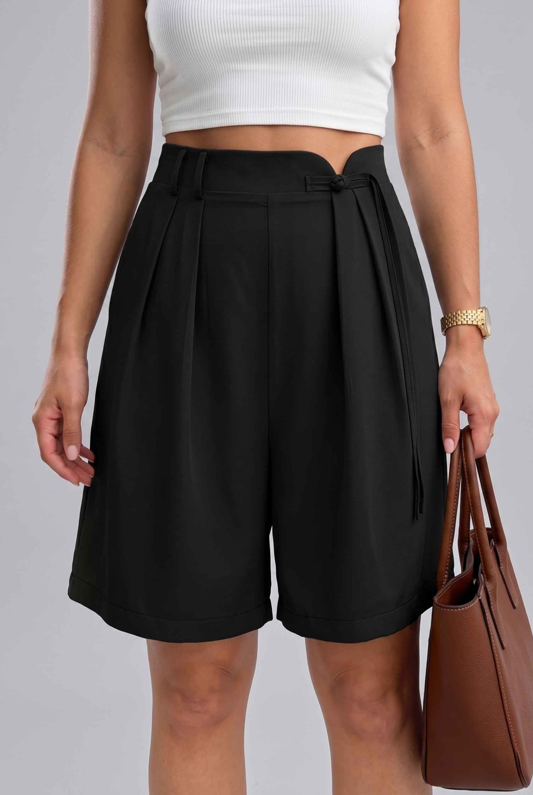 Virtual Model wearing The Kyoto Pleated Short Pleated High Waisted Black Asymmetrical Short