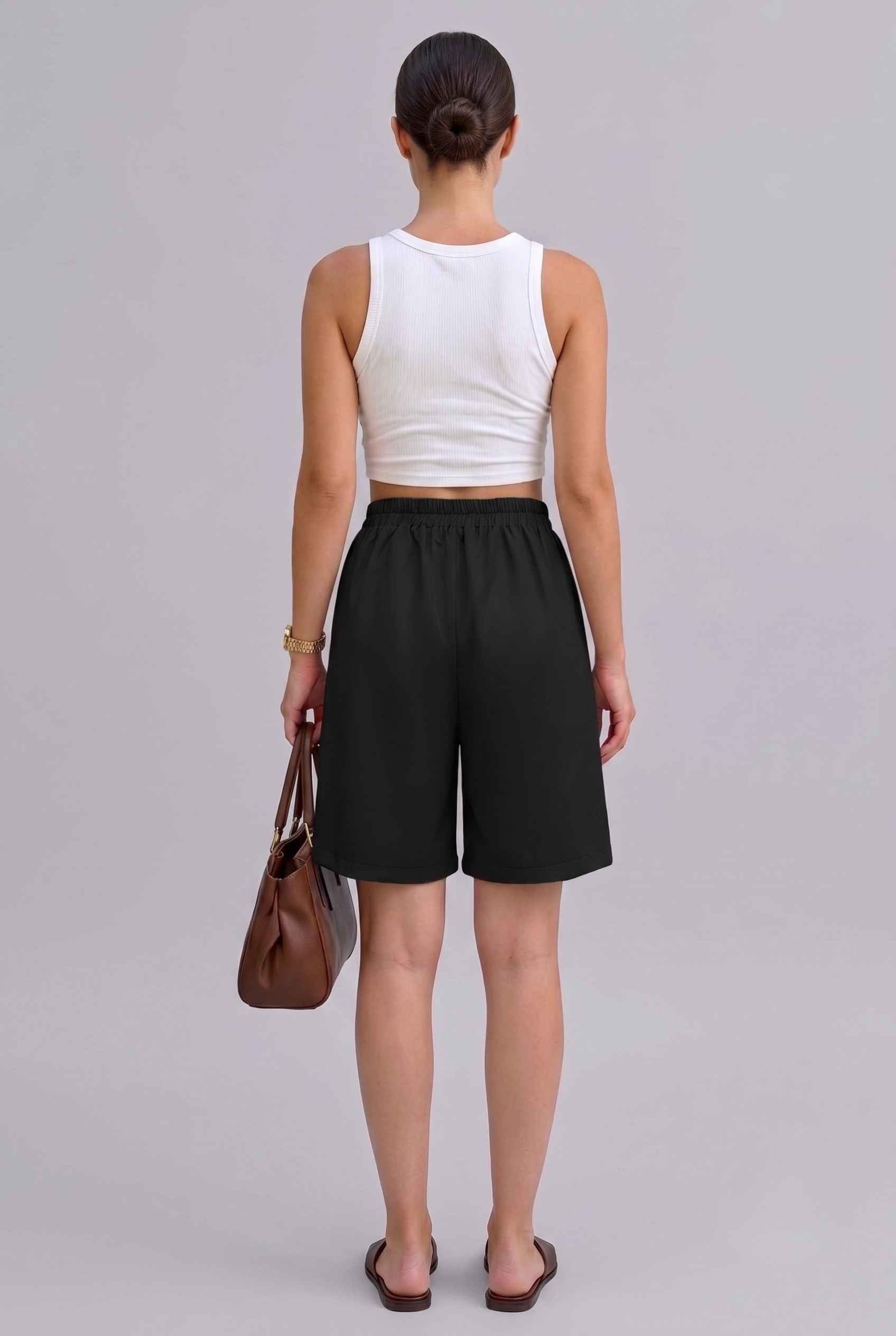 Virtual Model wearing The Kyoto Pleated Short Pleated High Waisted Black Asymmetrical Short