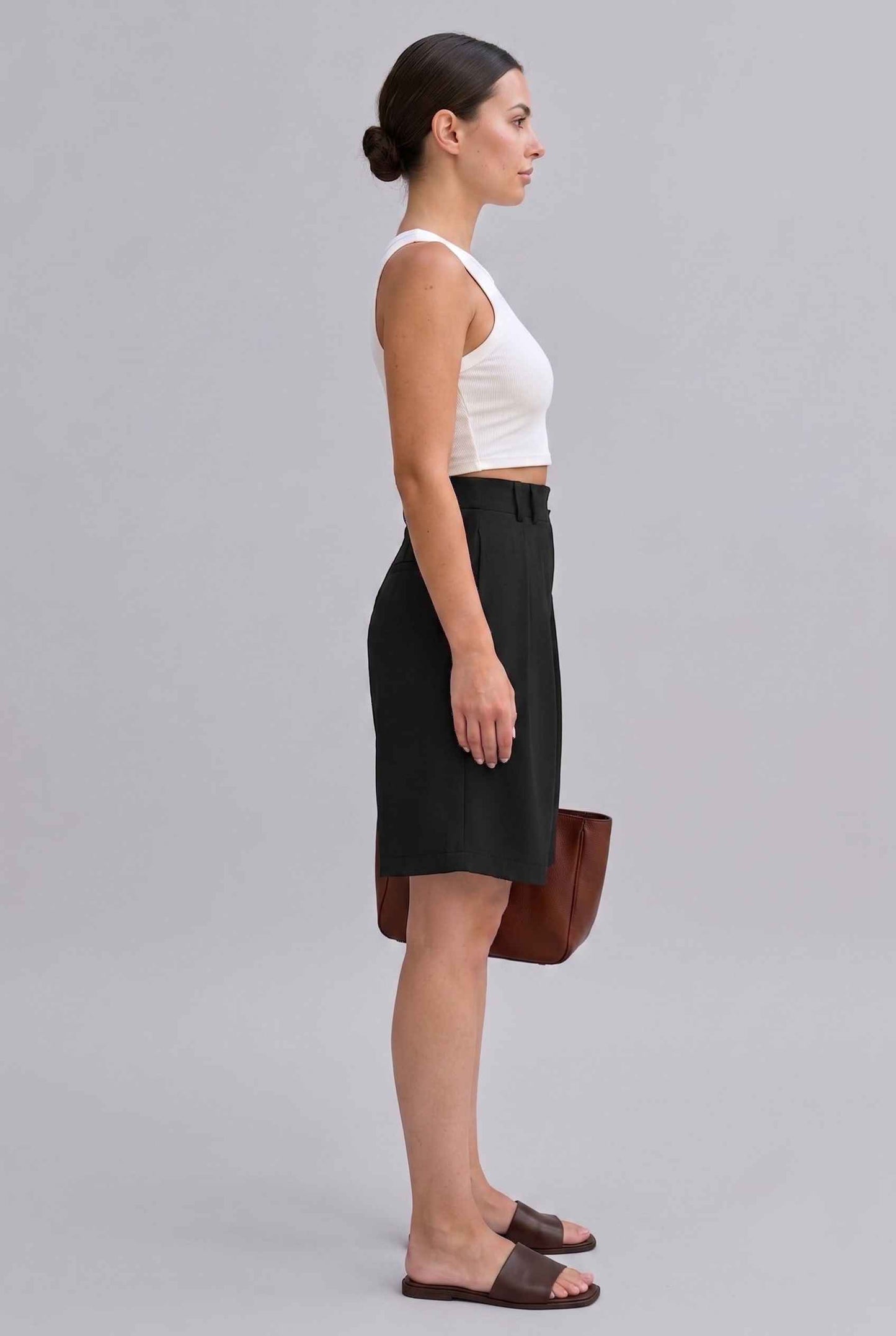 Virtual Model wearing The Kyoto Pleated Short Pleated High Waisted Black Asymmetrical Short