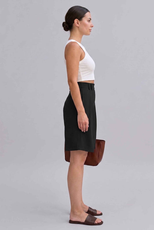 Virtual Model wearing The Kyoto Pleated Short Pleated High Waisted Black Asymmetrical Short
