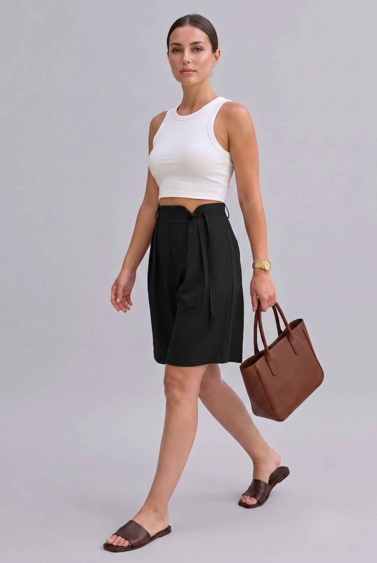 Virtual Model wearing The Kyoto Pleated Short Pleated High Waisted Black Asymmetrical Short