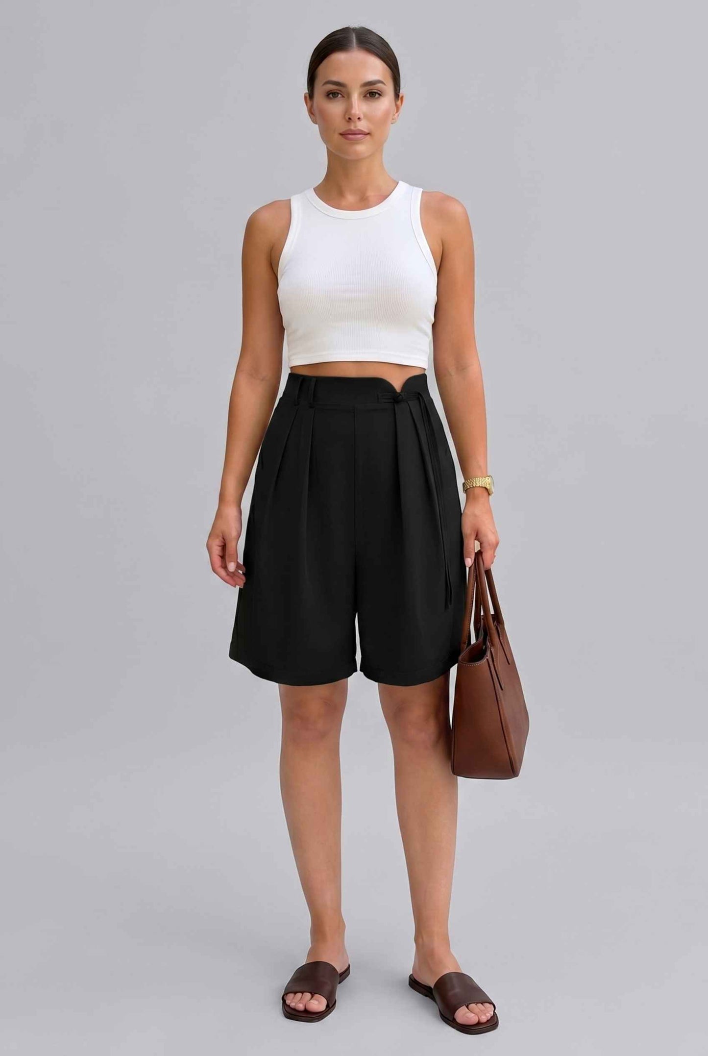 Virtual Model wearing The Kyoto Pleated Short Pleated High Waisted Black Asymmetrical Short