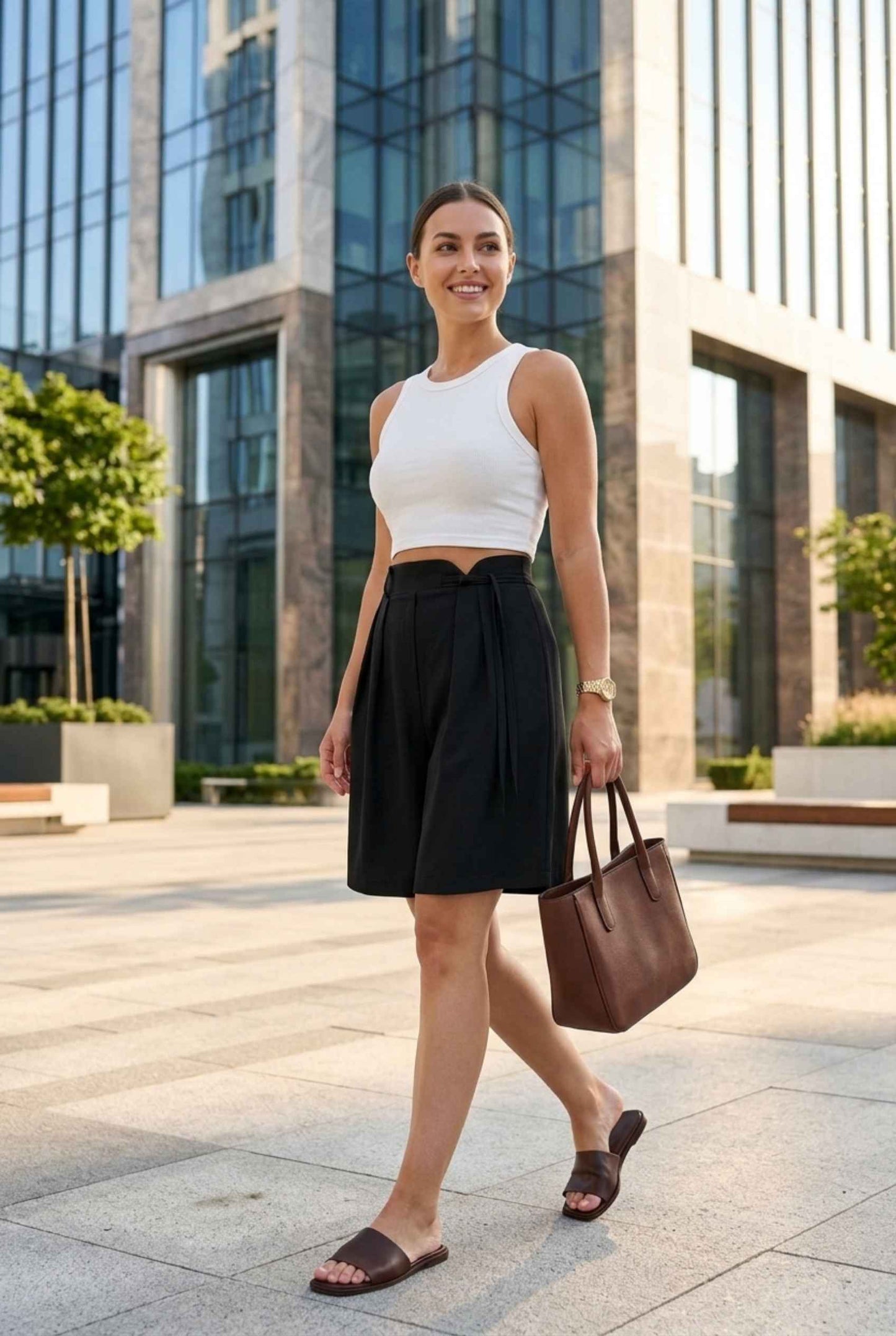 Virtual Model wearing The Kyoto Pleated Short Pleated High Waisted Black Asymmetrical Short