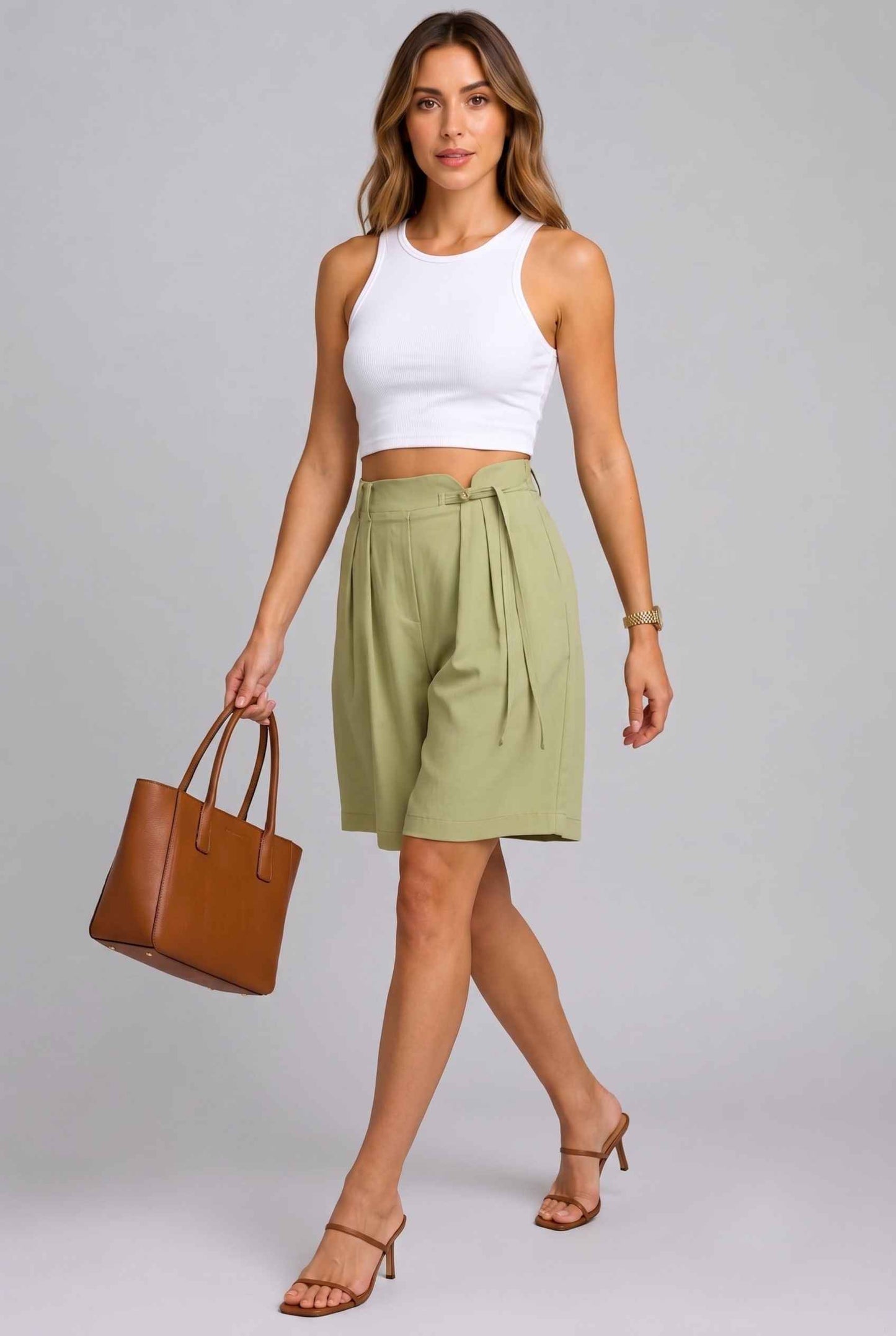 Virtual Model wearing The Kyoto Pleated Short Pleated High Waisted Green Asymmetrical Short
