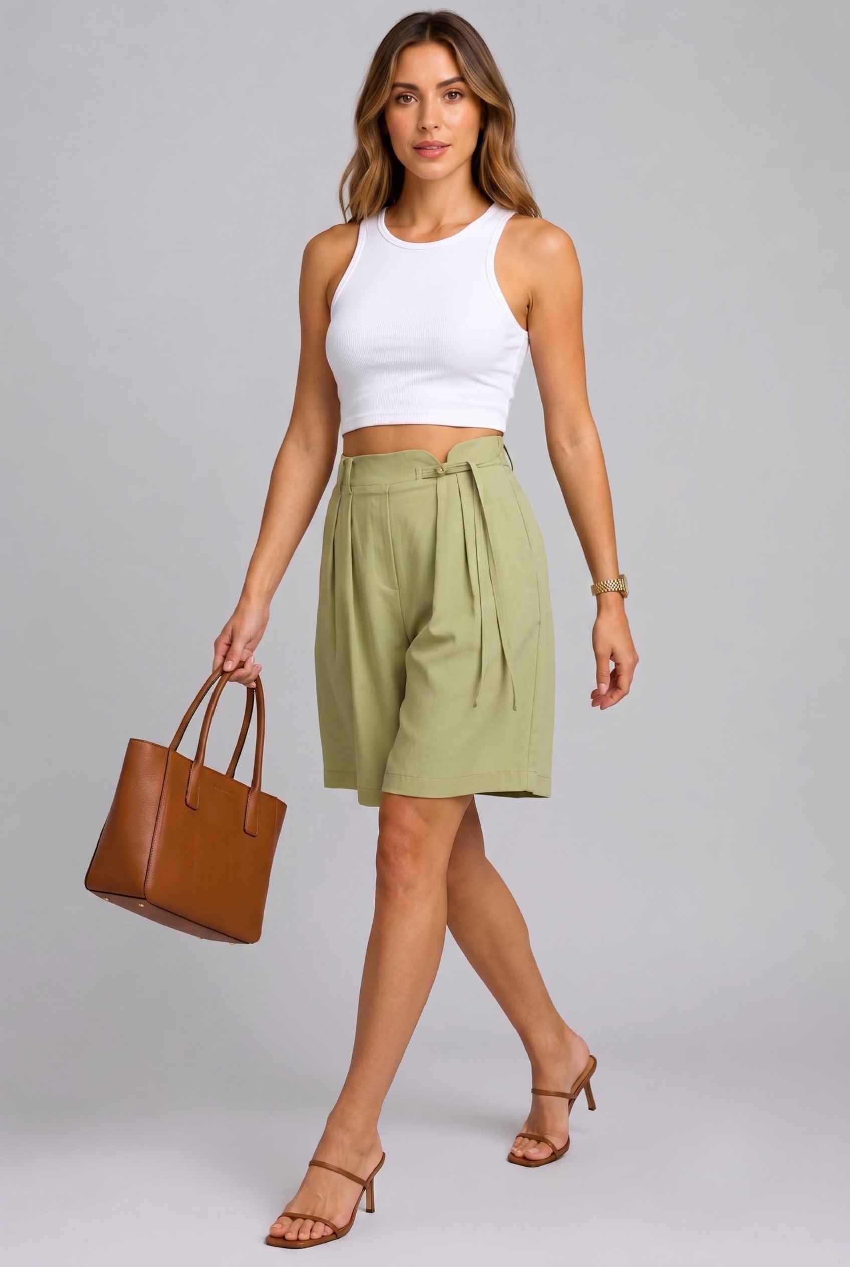 Virtual Model wearing The Kyoto Pleated Short Pleated High Waisted Green Asymmetrical Short