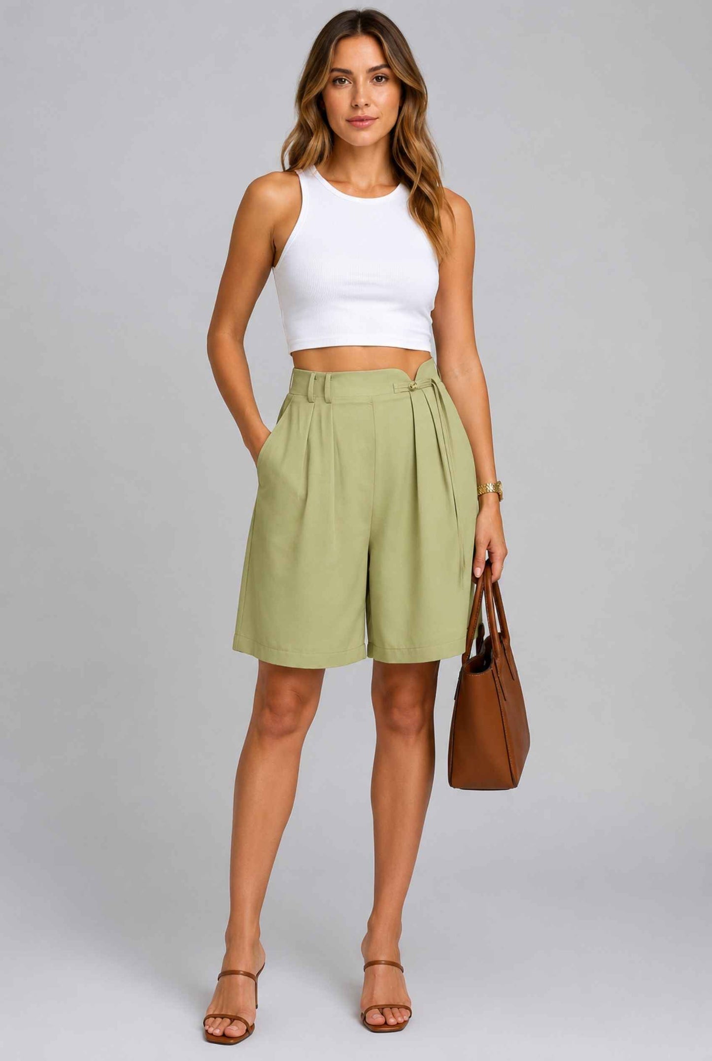 Virtual Model wearing The Kyoto Pleated Short Pleated High Waisted Green Asymmetrical Short
