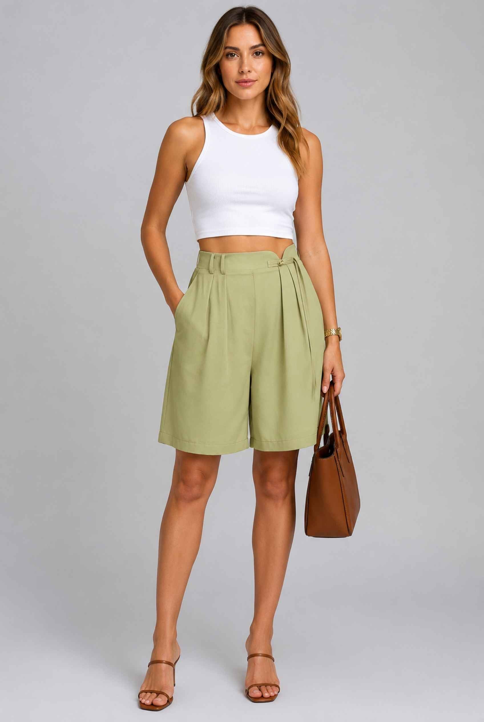 Virtual Model wearing The Kyoto Pleated Short Pleated High Waisted Green Asymmetrical Short