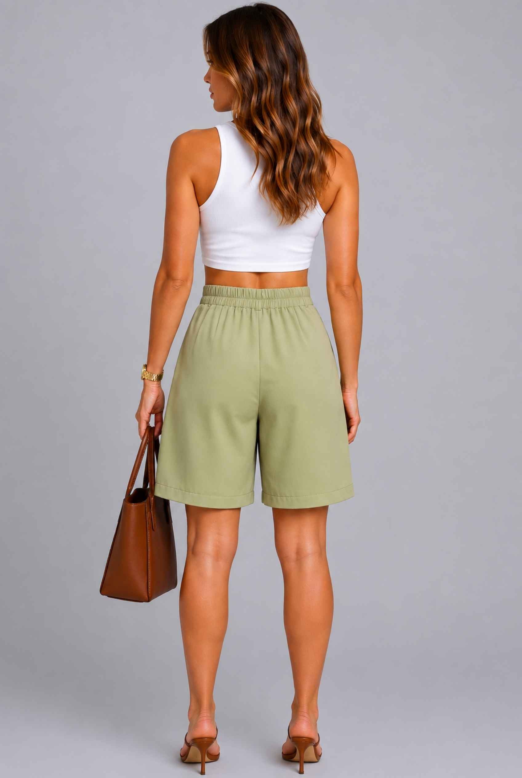 Virtual Model wearing The Kyoto Pleated Short Pleated High Waisted Green Asymmetrical Short