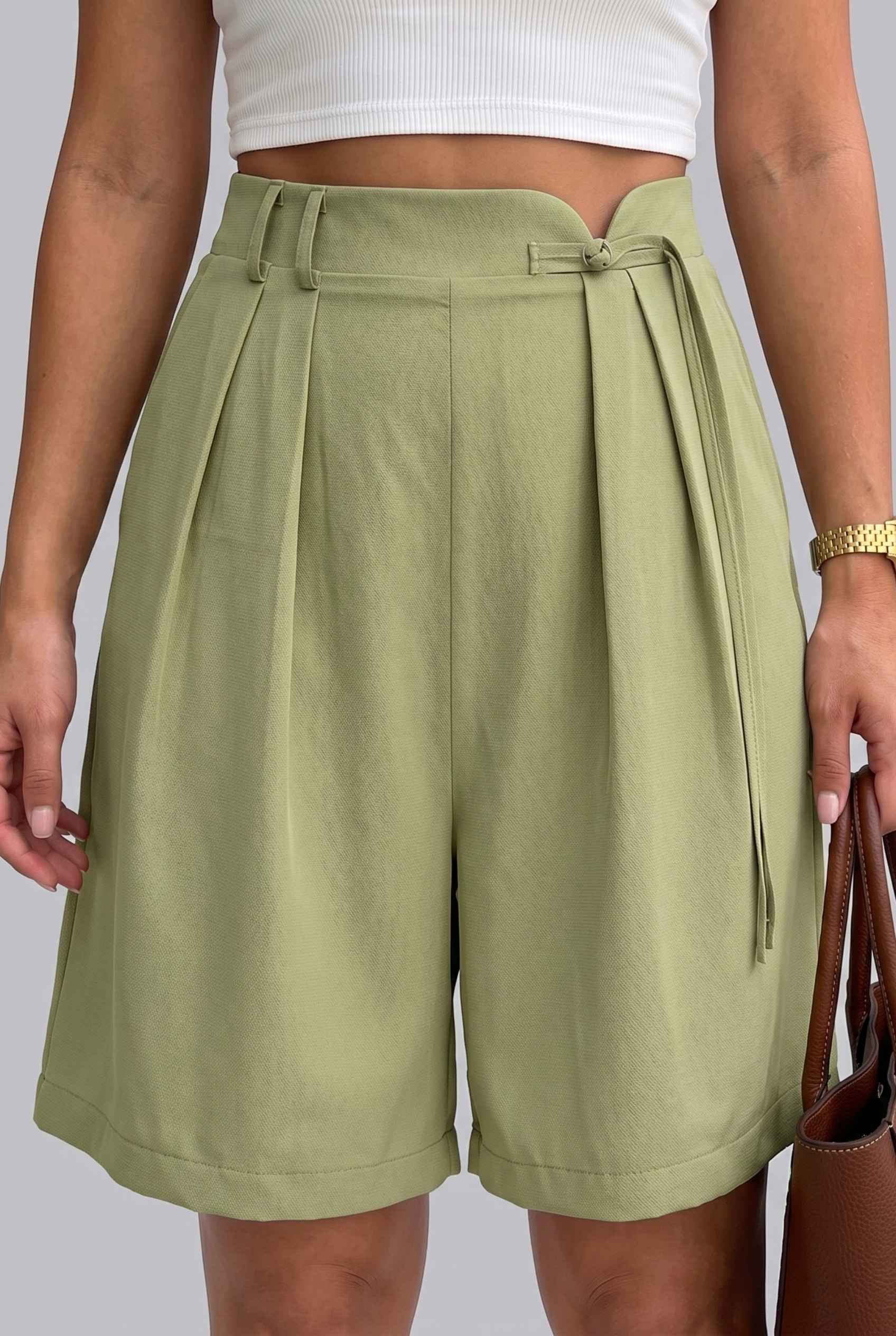Virtual Model wearing The Kyoto Pleated Short Pleated High Waisted Green Asymmetrical Short