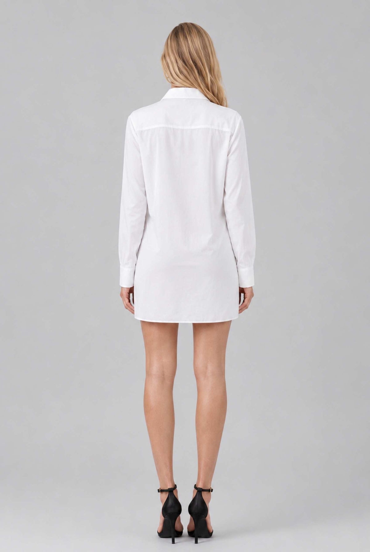 Virtual model wearing The Lia Front-Knot Shirt Dress White Front Knotted Shirt Mini Dress