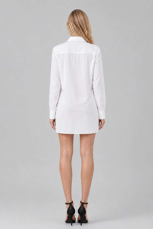 Virtual model wearing The Lia Front-Knot Shirt Dress White Front Knotted Shirt Mini Dress
