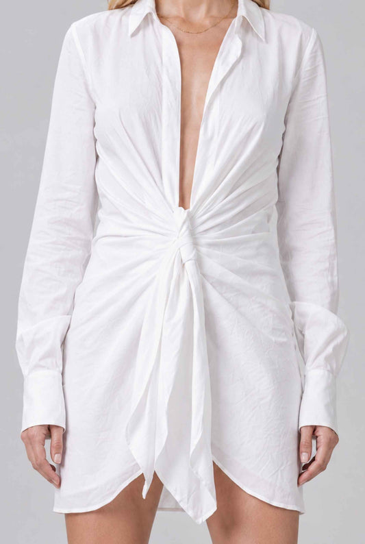 Virtual model wearing The Lia Front-Knot Shirt Dress White Front Knotted Shirt Mini Dress