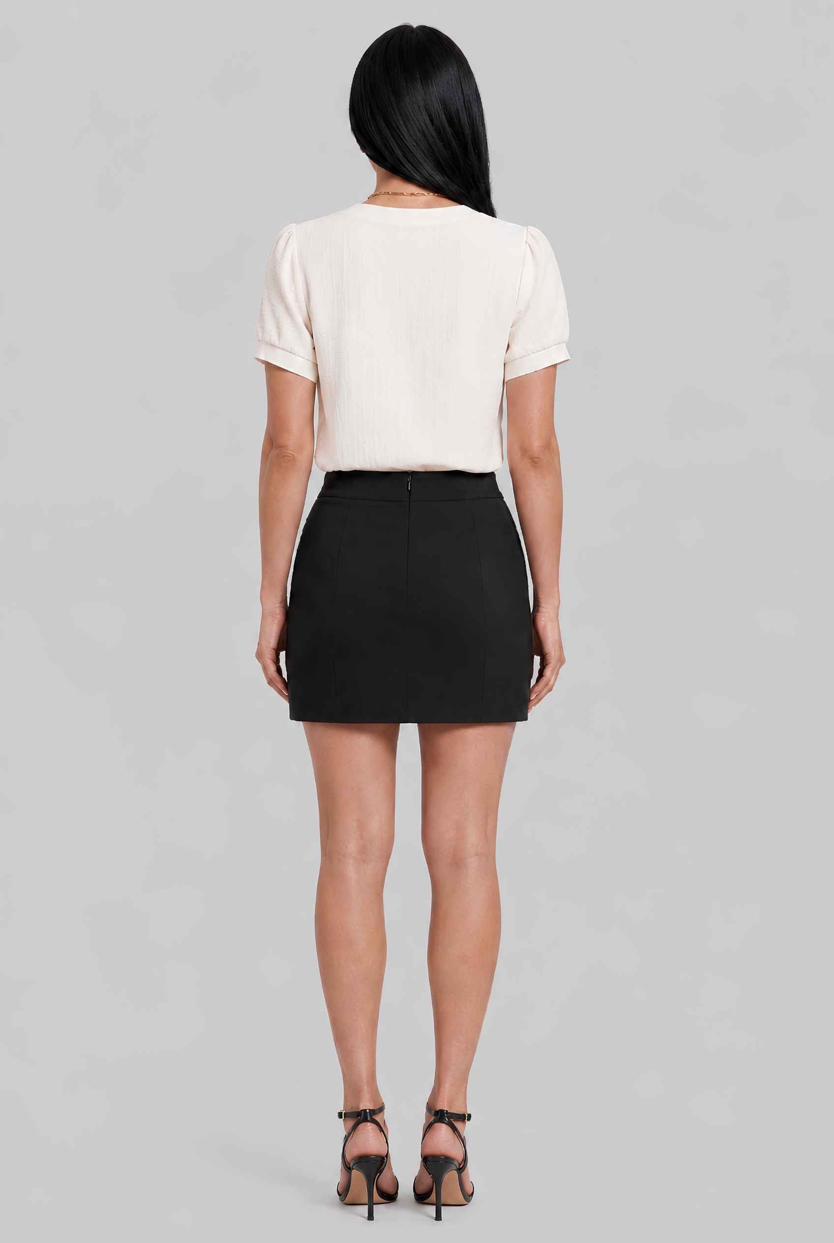 Virtual model wearing The Lillian Bow Blouse Puff Sleeve Bow Triple Detail Crepe Blouse in Cream