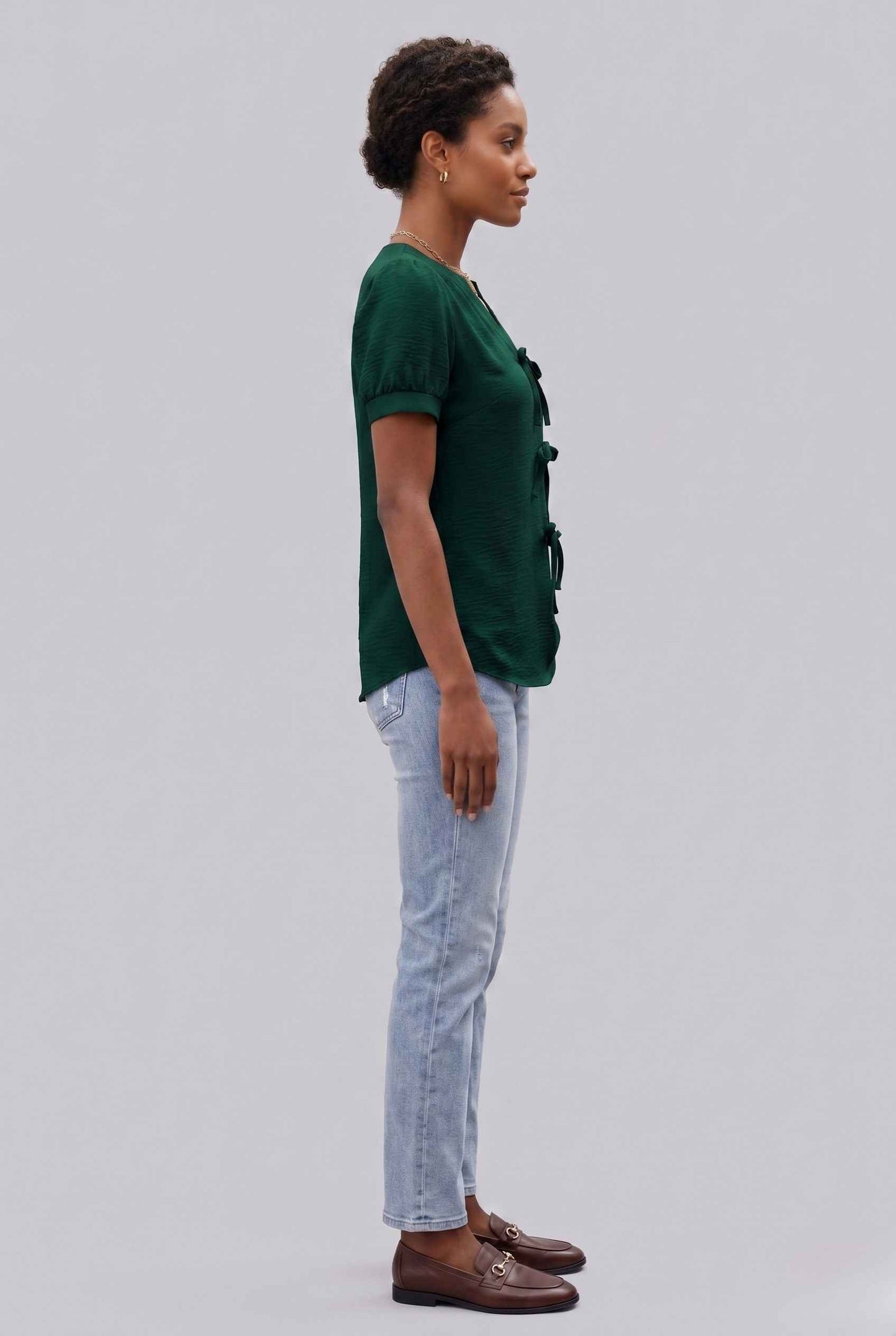 Virtual Model wearing The Lillian Bow Blouse Puff Sleeve Green Crepe Top