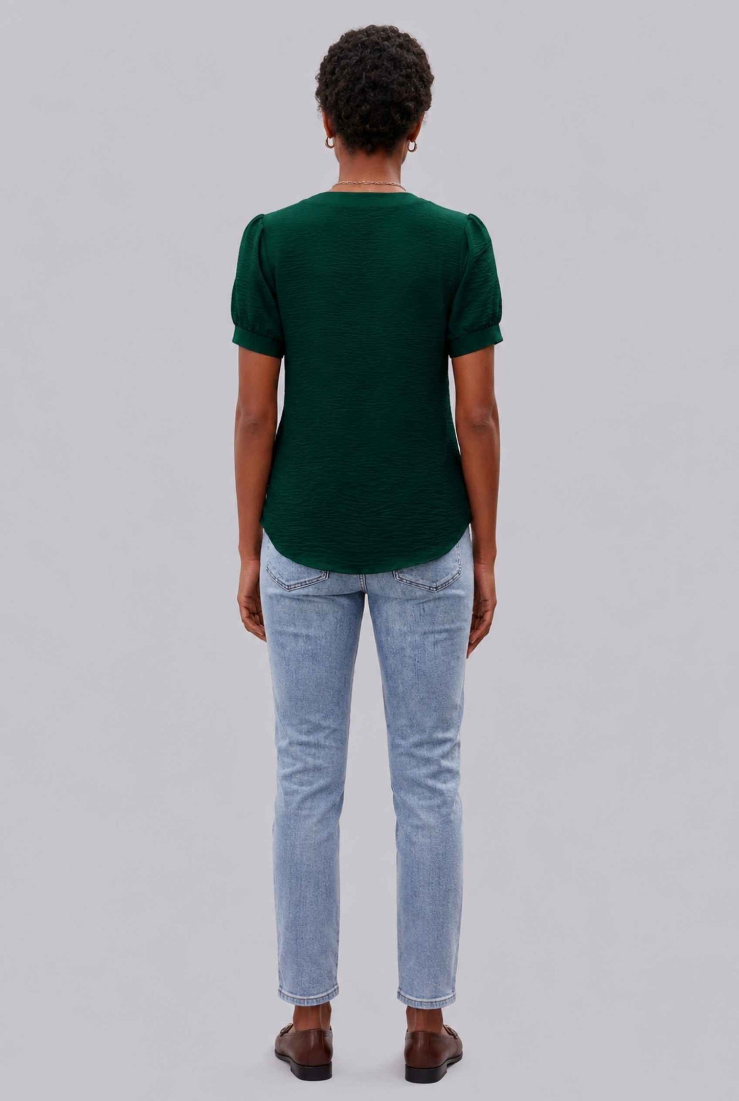 Virtual Model wearing The Lillian Bow Blouse Puff Sleeve Green Crepe Top