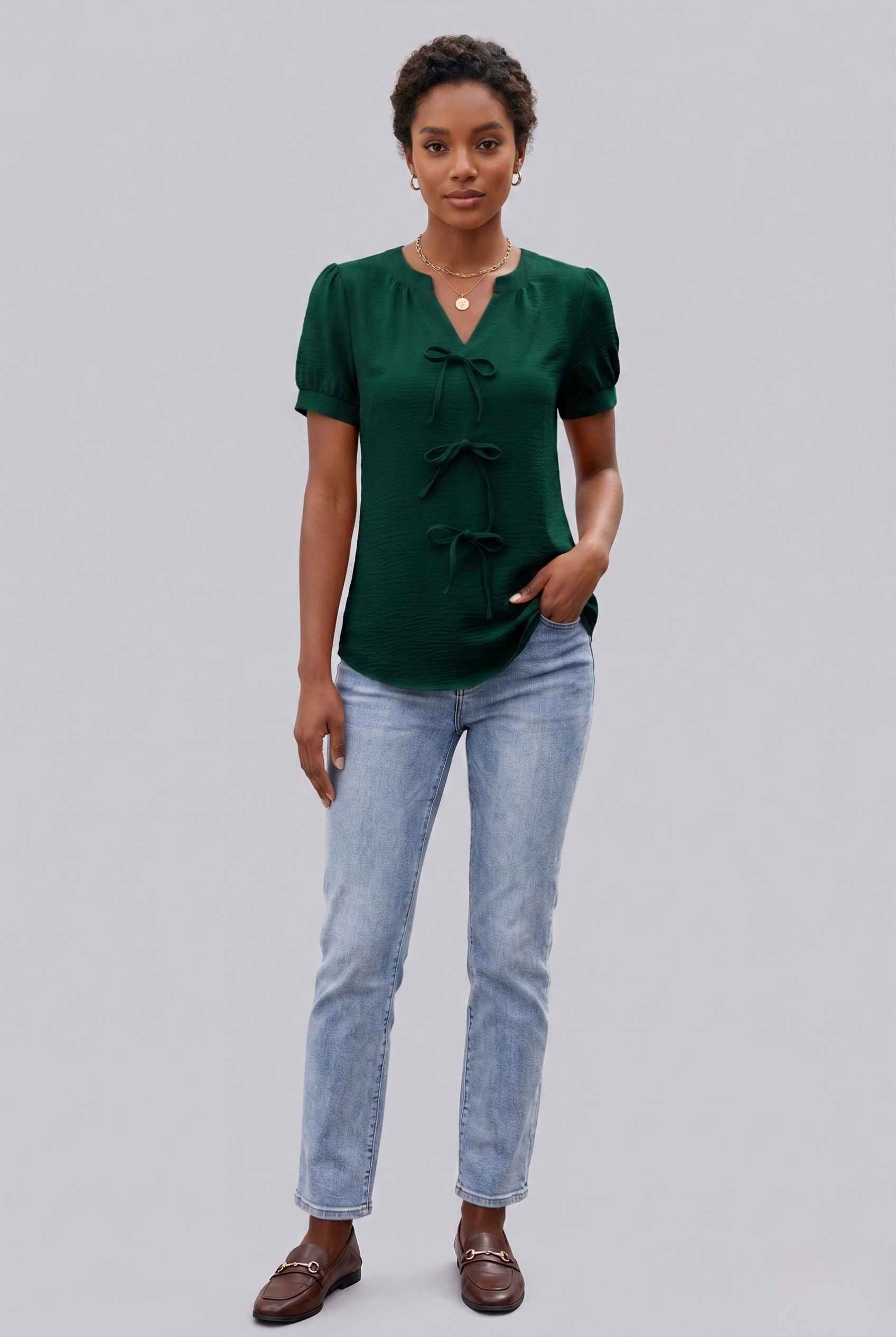 Virtual Model wearing The Lillian Bow Blouse Puff Sleeve Green Crepe Top