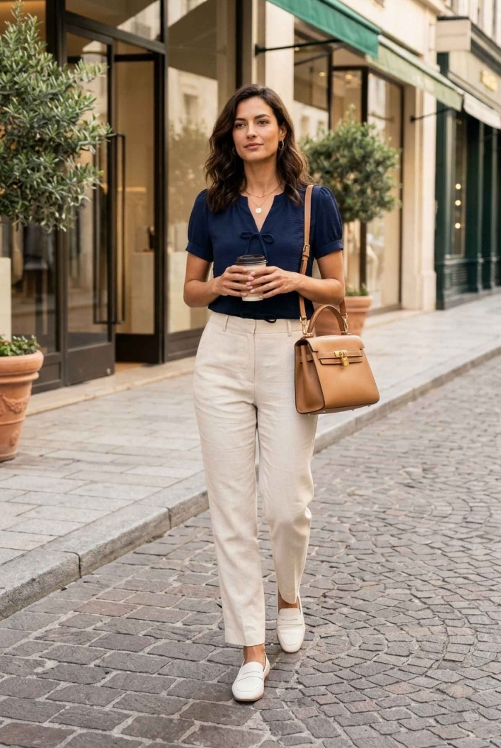Virtual Model wearing The Lillian Bow Blouse Puff Sleeve Navy Crepe Top