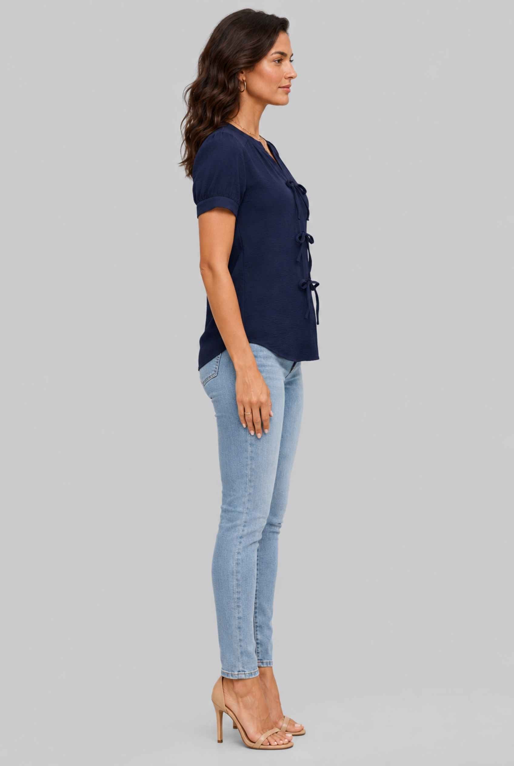 Virtual Model wearing The Lillian Bow Blouse Puff Sleeve Navy Crepe Top